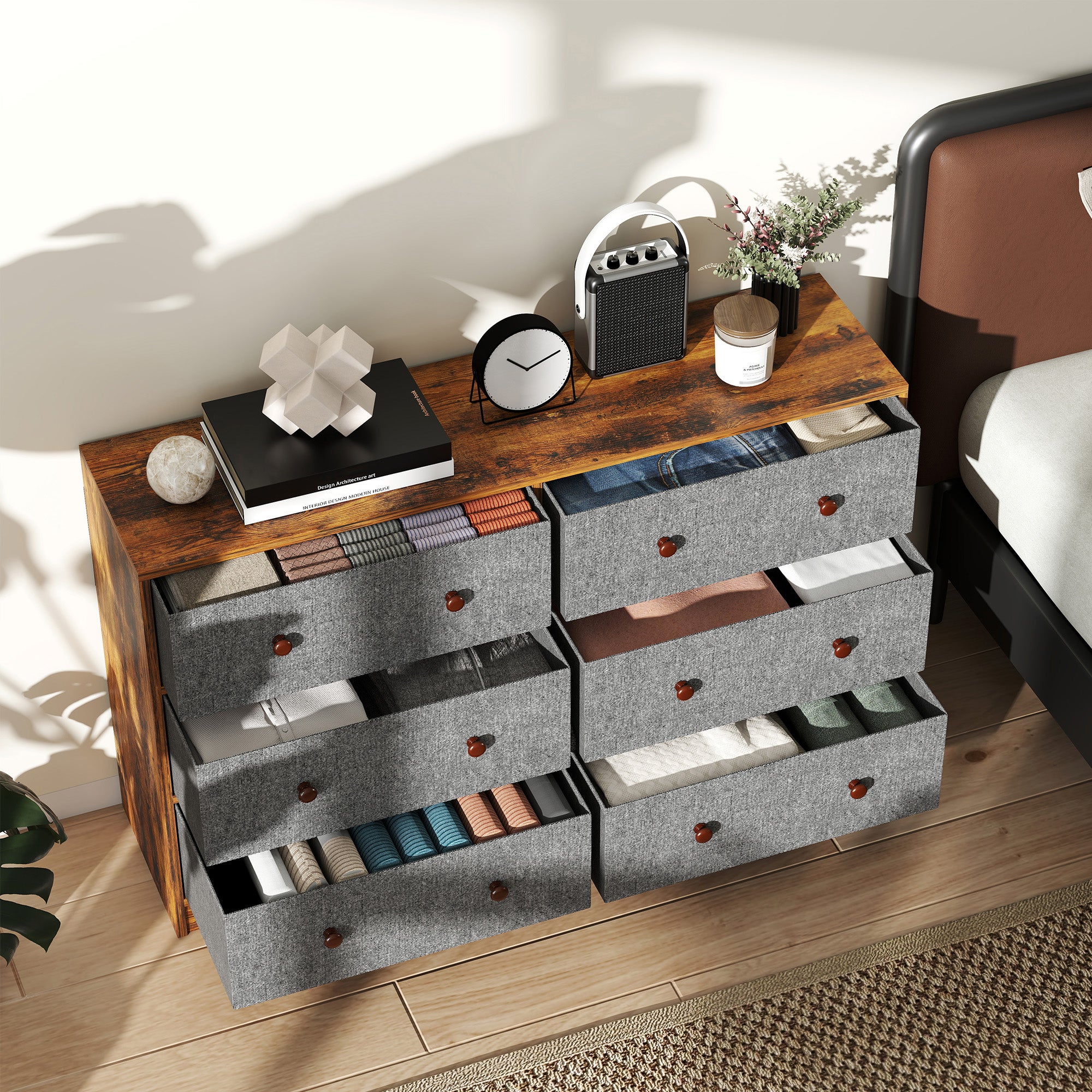 Chest of Drawers, Dresser with 6 Fabric Drawers - Grey and Rustic Brown