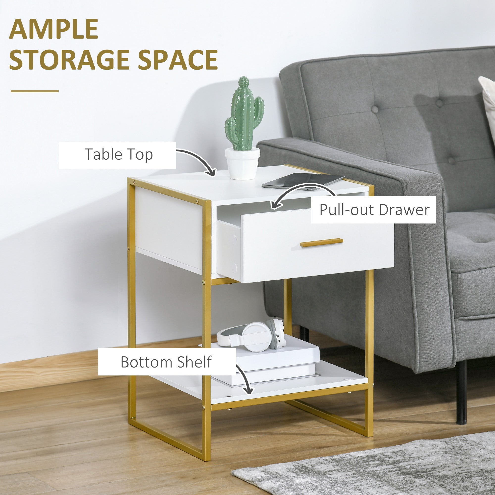 Bedside Table Set of 2, Modern Side Tables with Drawer and Shelf, Nightstands for Bedroom, White