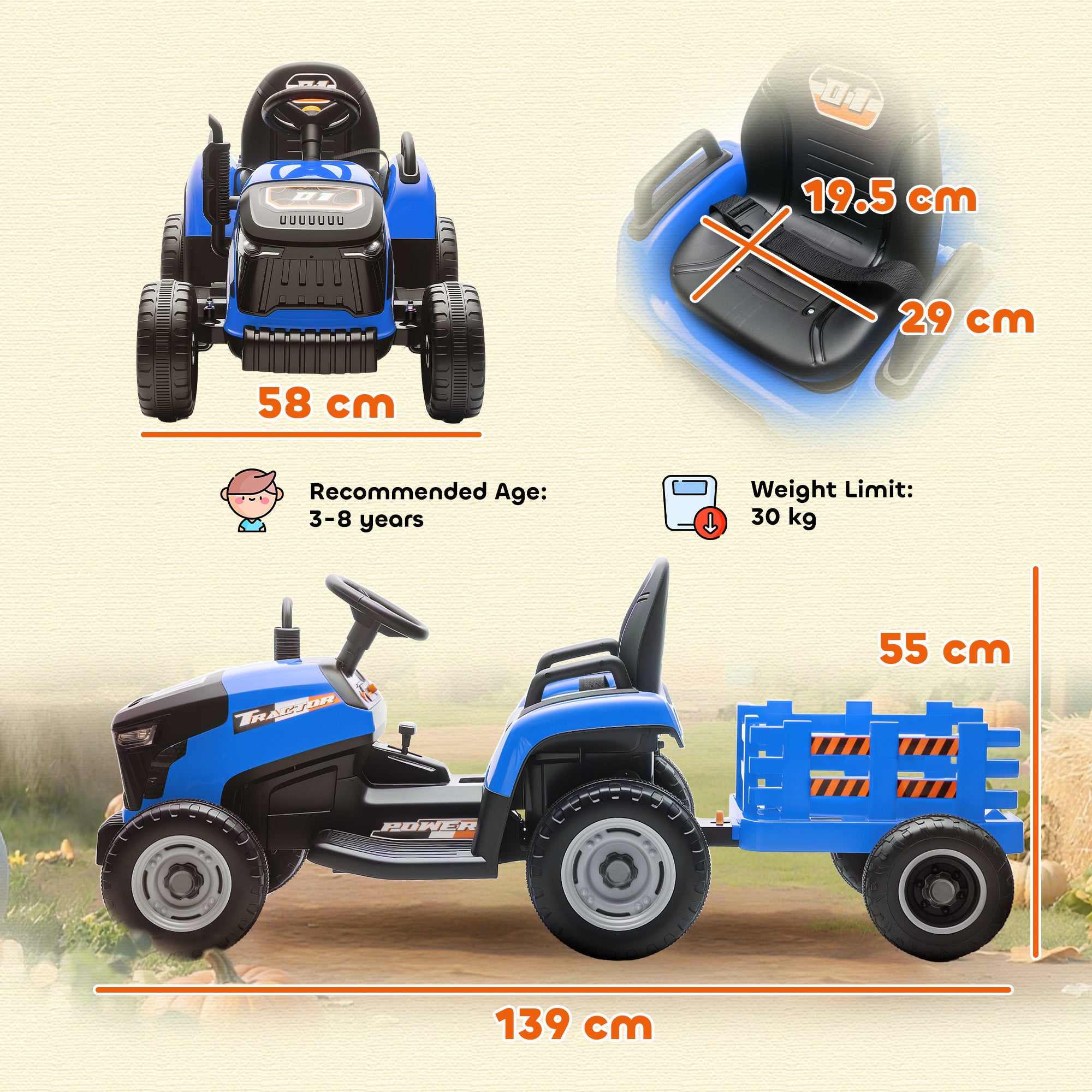AIYAPLAY 12V Ride on Tractor and Trailer with Remote Control, Music, Shifter, Start-Up Sound, for Kids Ages 3-8 Years, Blue