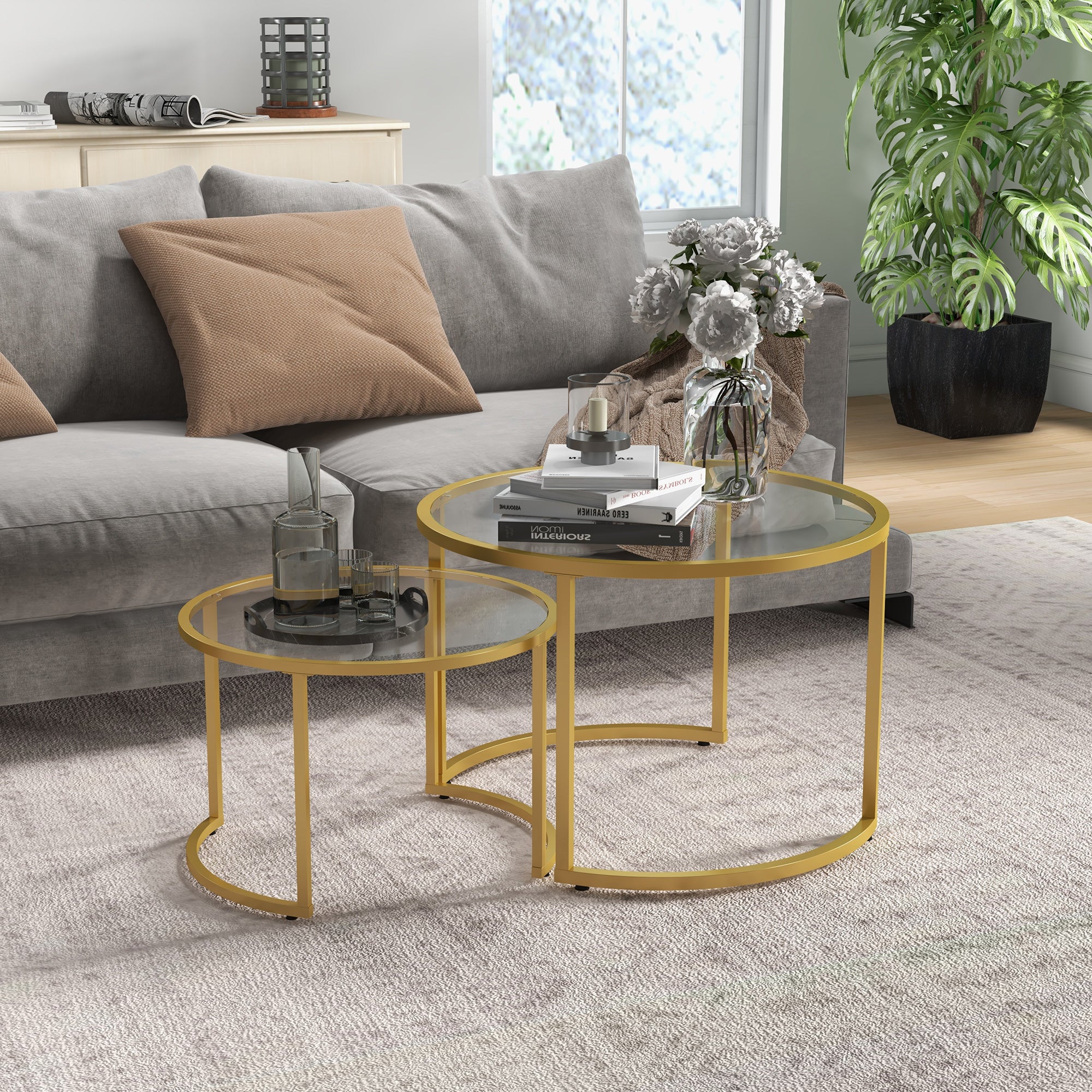 Coffee Table Set of 2, Modern Nest of Tables with Tempered Glass Top, Steel Frame for Living Room, Gold Tone