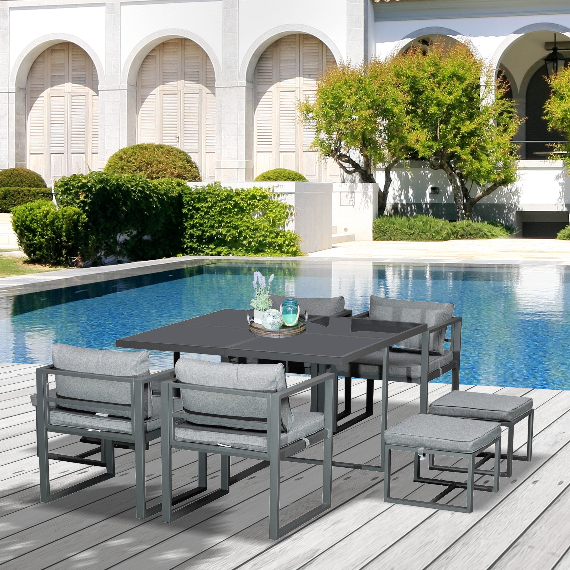 9PCs Patio Aluminium Dining Set, Space Saving Cube Set with 4 Chairs, 4 Ottoman, Cushions, 8 Seater Garden Furniture