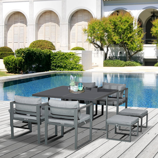 9PCs Patio Aluminium Dining Set, Space Saving Cube Set with 4 Chairs, 4 Ottoman, Cushions, 8 Seater Garden Furniture