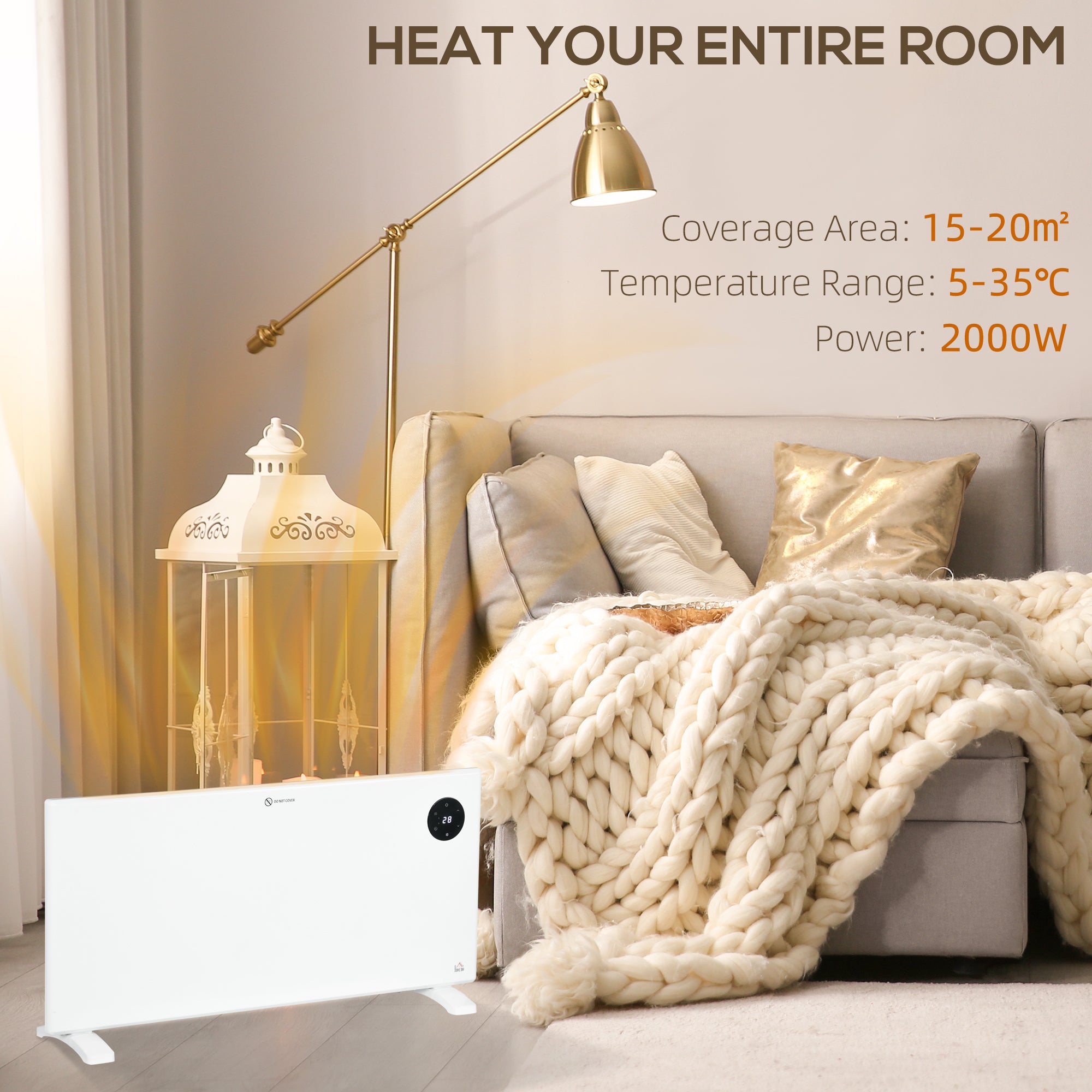 Fynco - 2000W Electric Convector Heater, Freestanding or Wall Mounted, Space Heater with Adjustable Thermostat, Timer, White
