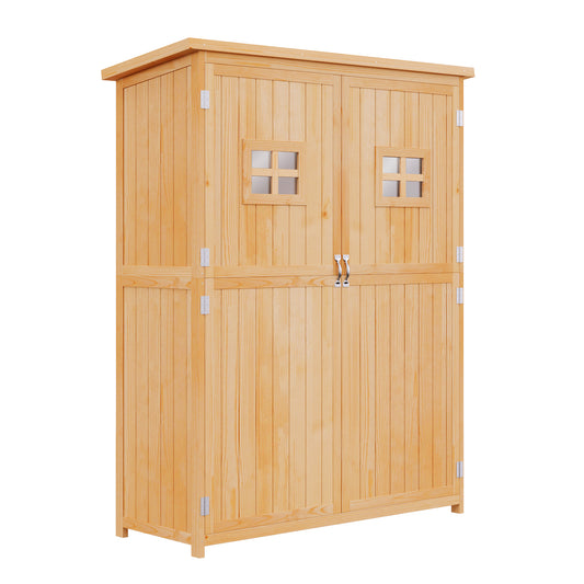 Fynco - Wooden Garden Shed with Two Windows, Tool Storage Cabinet, Outdoor Double Door Organizer 127.5L x 50W x 164H cm, Natural