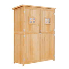 Fynco - Wooden Garden Shed with Two Windows, Tool Storage Cabinet, Outdoor Double Door Organizer 127.5L x 50W x 164H cm, Natural