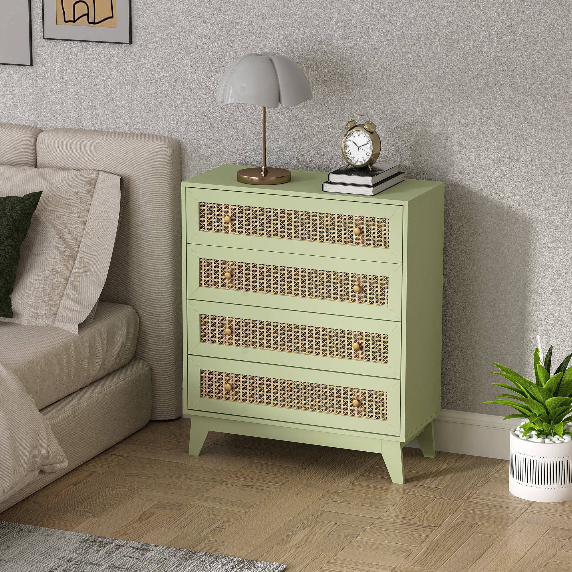 Chest of Drawers, 4-Drawer Storage Organiser Unit with Rattan Element for Bedroom, Living Room, Light Green