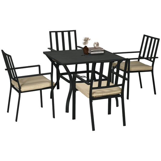 5 Pieces Garden Dining Set with Cushions, Outdoor Patio Table and 4 Stackable Chairs, Metal Top Table with Umbrella Hole, Black