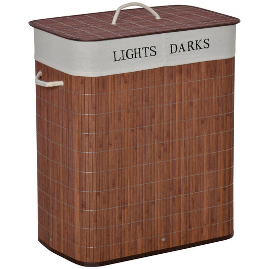 100L Laundry Basket with Lid String Handles, 2 Section Collapsible Hamper Removable Lining Foldable Water-Resistant Dirty Clothes Storage, Brown