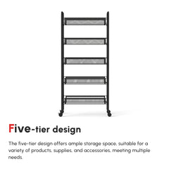 Five-Steel Mesh Basket Storage Trolley, with Wheels - Black
