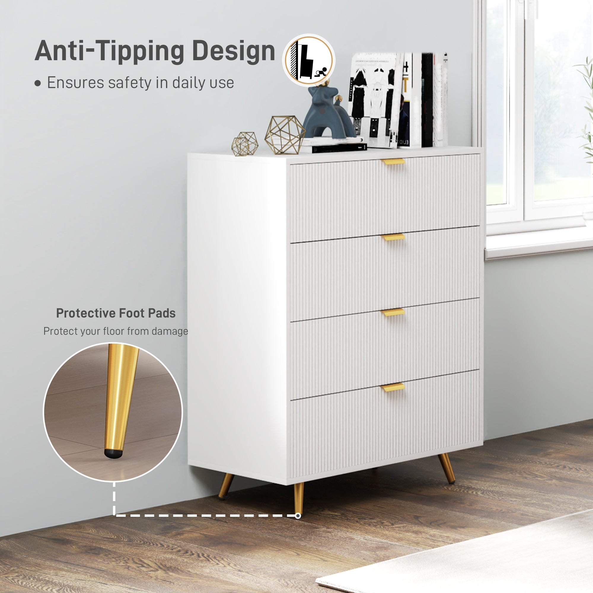 Elegant Four-Drawer Bedside Table - White