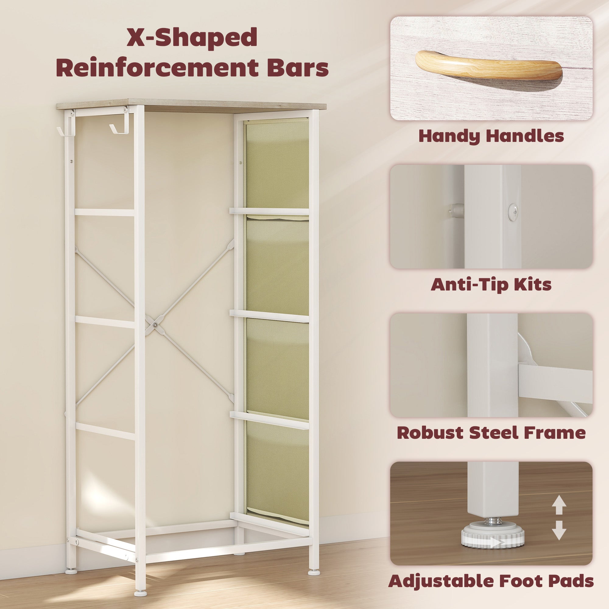 Chest of Four Fabric Drawers - Natural Wood Finish