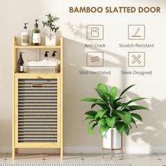 Fynco - Bamboo Laundry Cabinet with Slatted Door, Bathroom Cabinet with Tilt-Out Hamper and Removable Liner Bag, 40 x 30D x 95 cm, Natural Wood Finish