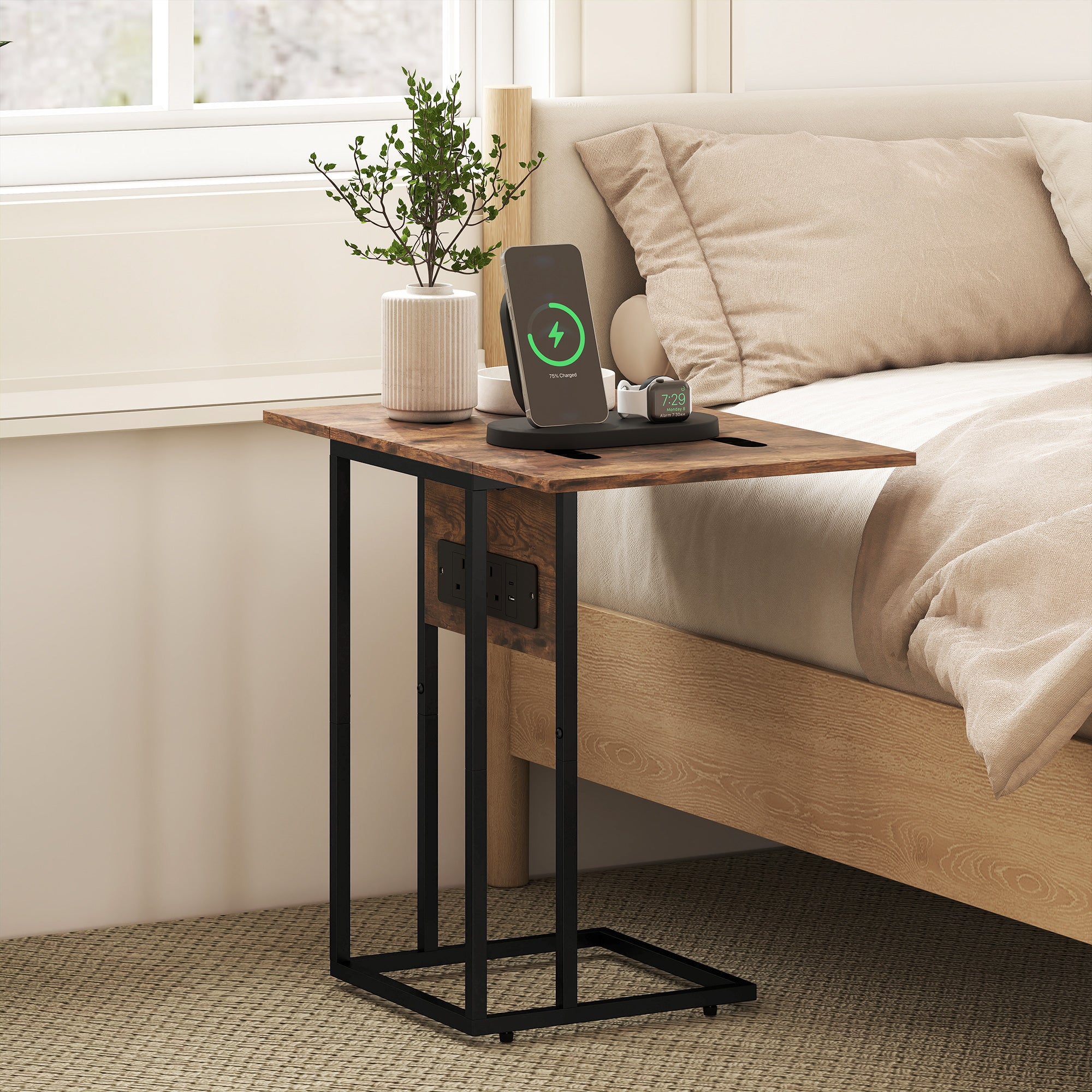 Fynco - C Shaped Side Table with Charging Station and Foldable Top - Rustic Brown