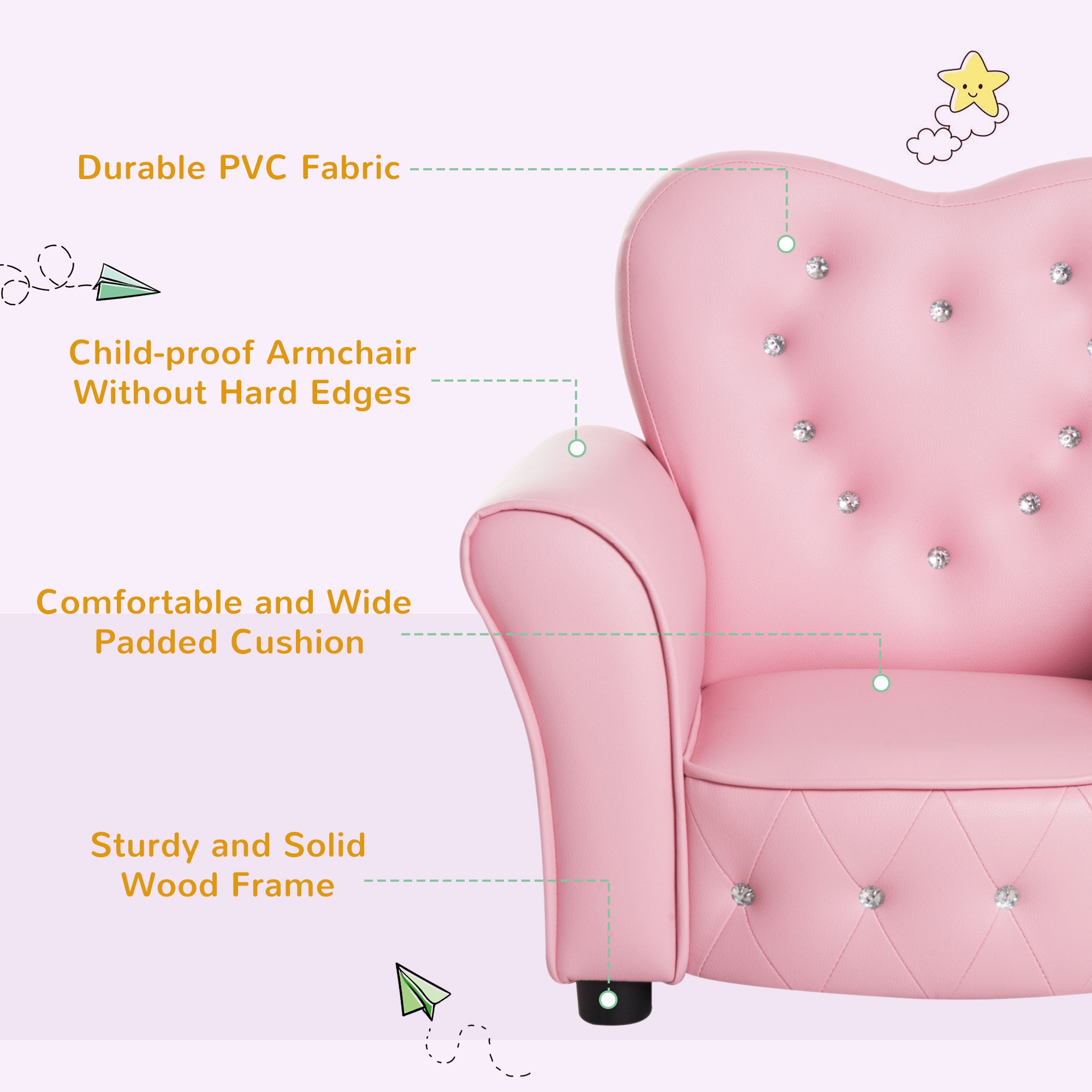 Kids Armchair Toddler Chair Seating Relax Playroom Seater Girl Princess Pink