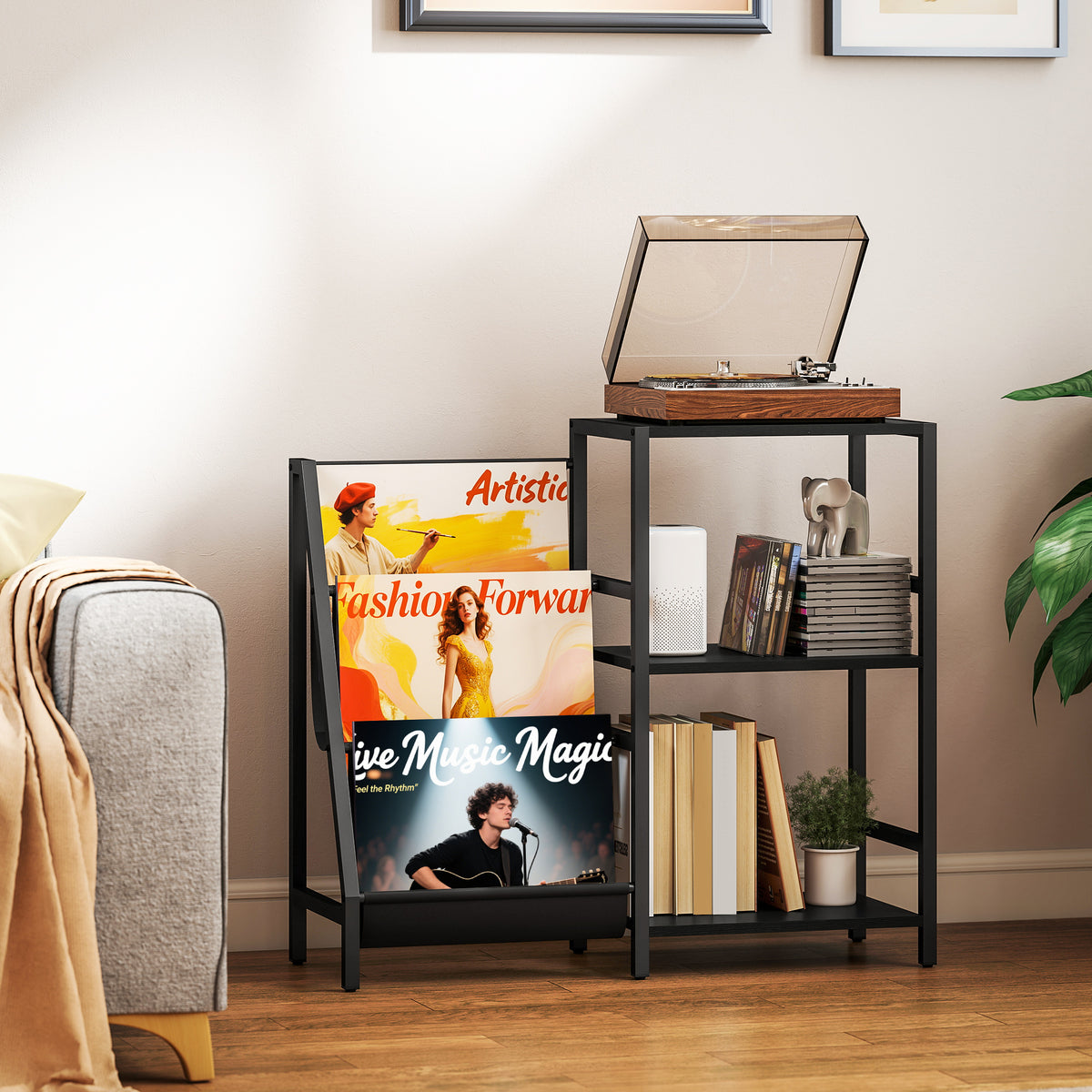 3-Tier Record Player Stand, End Table for Living Room, Bedroom - Black Wood Effect