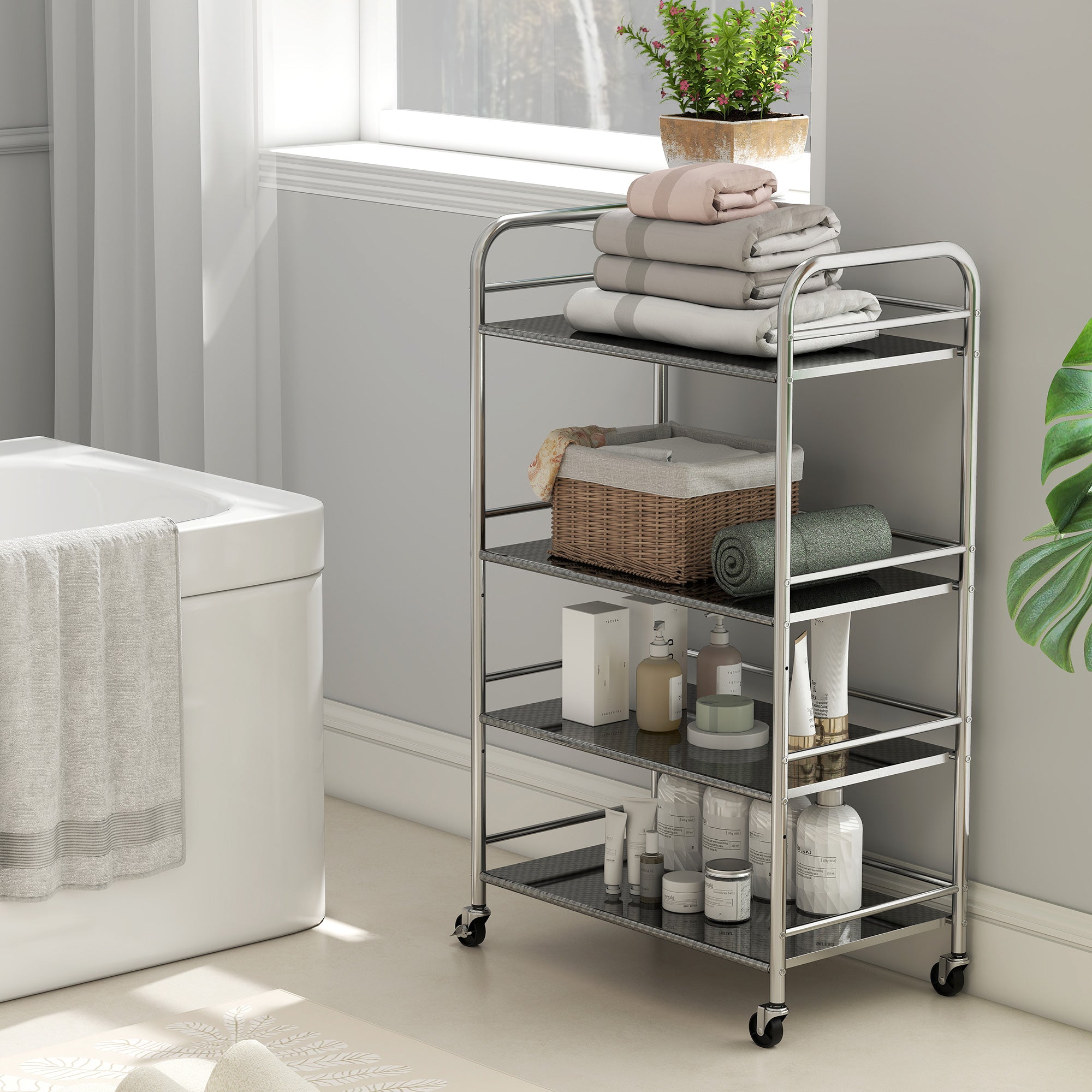 Fynco - 4 Tier Stainless Steel Kitchen Storage Trolley with Adjustable Shelves - Silver