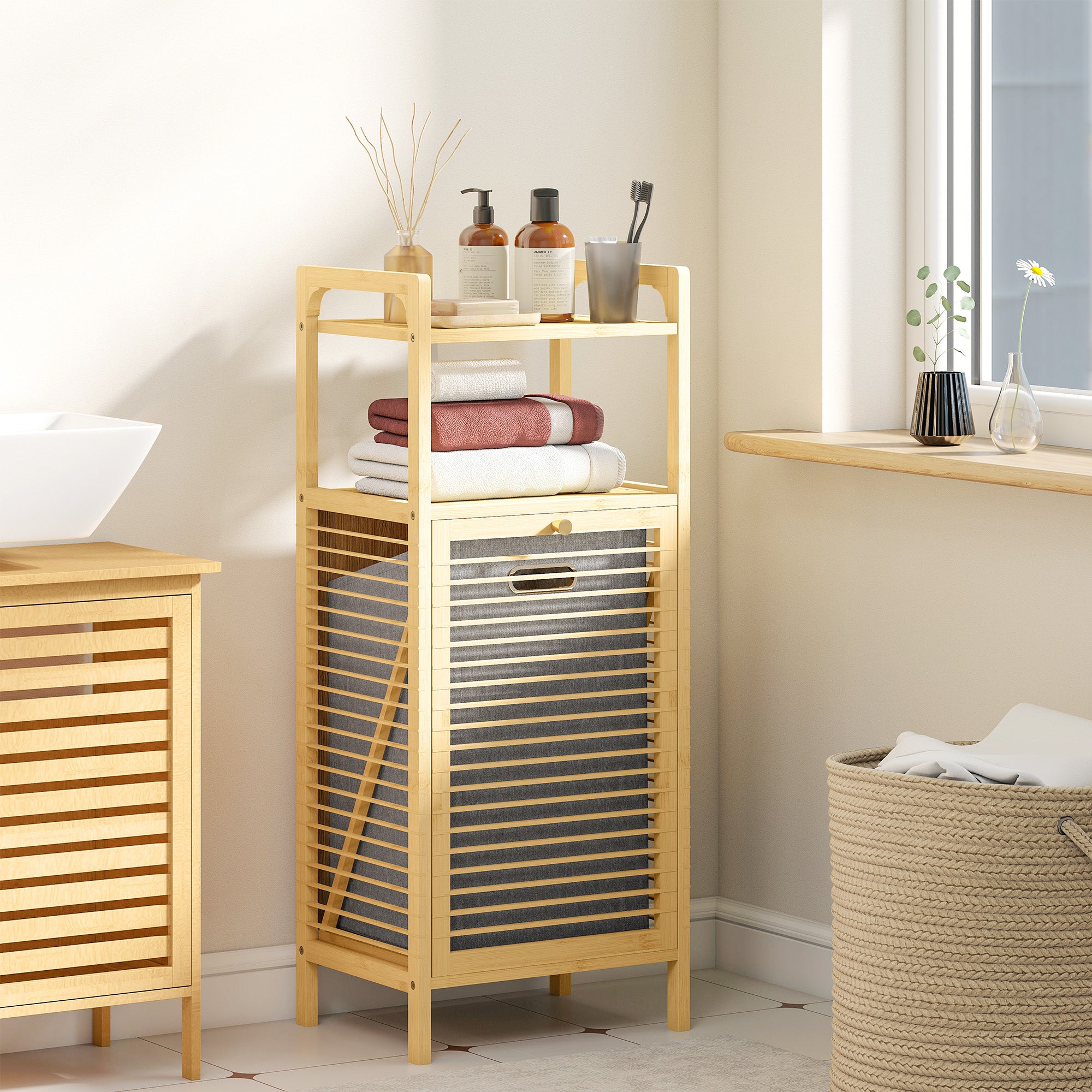 Fynco - Bamboo Laundry Cabinet with Slatted Door, Bathroom Cabinet with Tilt-Out Hamper and Removable Liner Bag, 40 x 30D x 95 cm, Natural Wood Finish
