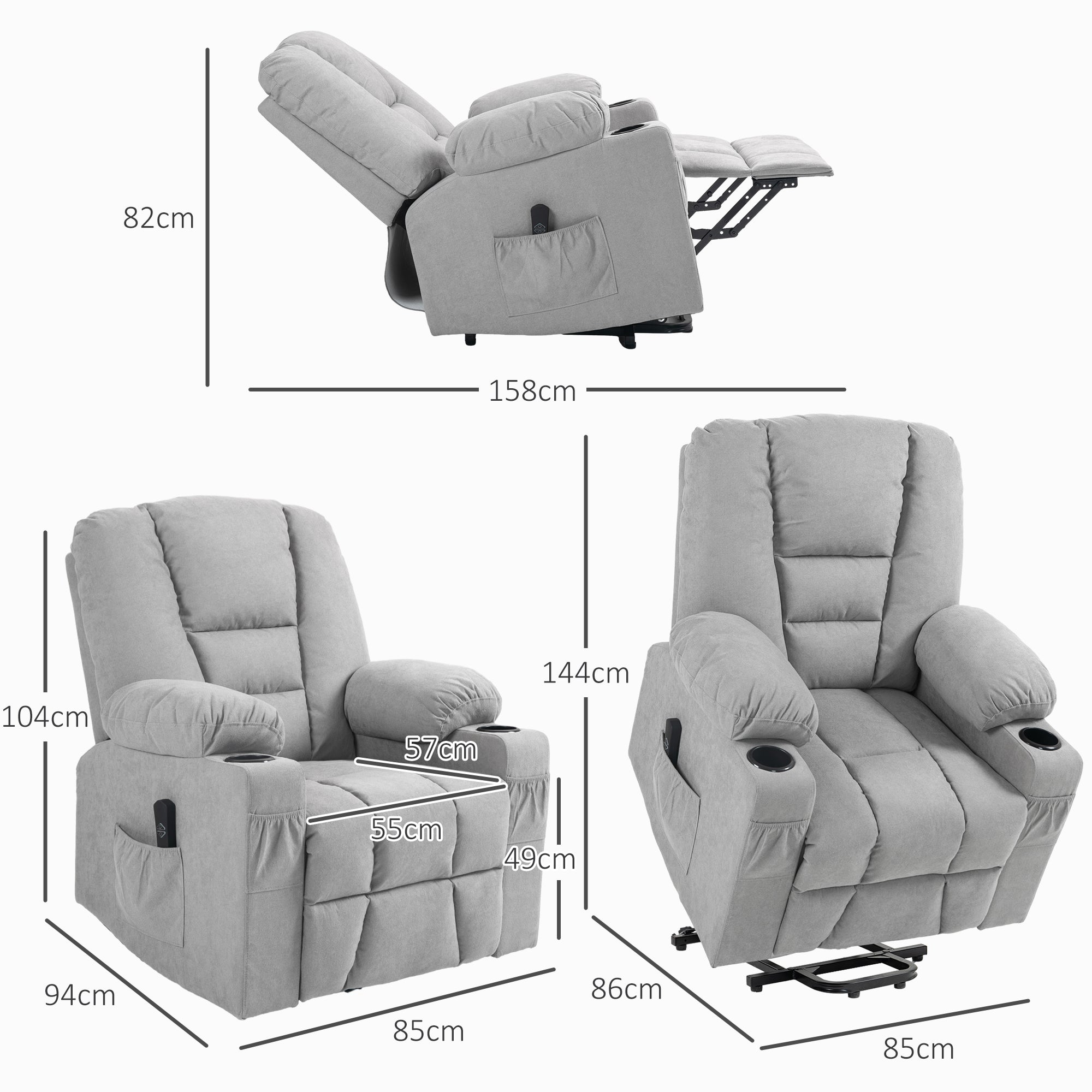 Oversized Riser and Recliner Chairs for the Elderly, Fabric Upholstered Lift Chair for Living Room with Remote Control, Side Pockets, Cup Holder, Light Grey