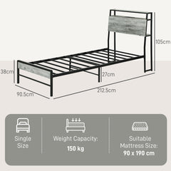 Single Steel Bed Frame, with LED Lights and Headboard Shelf - Grey