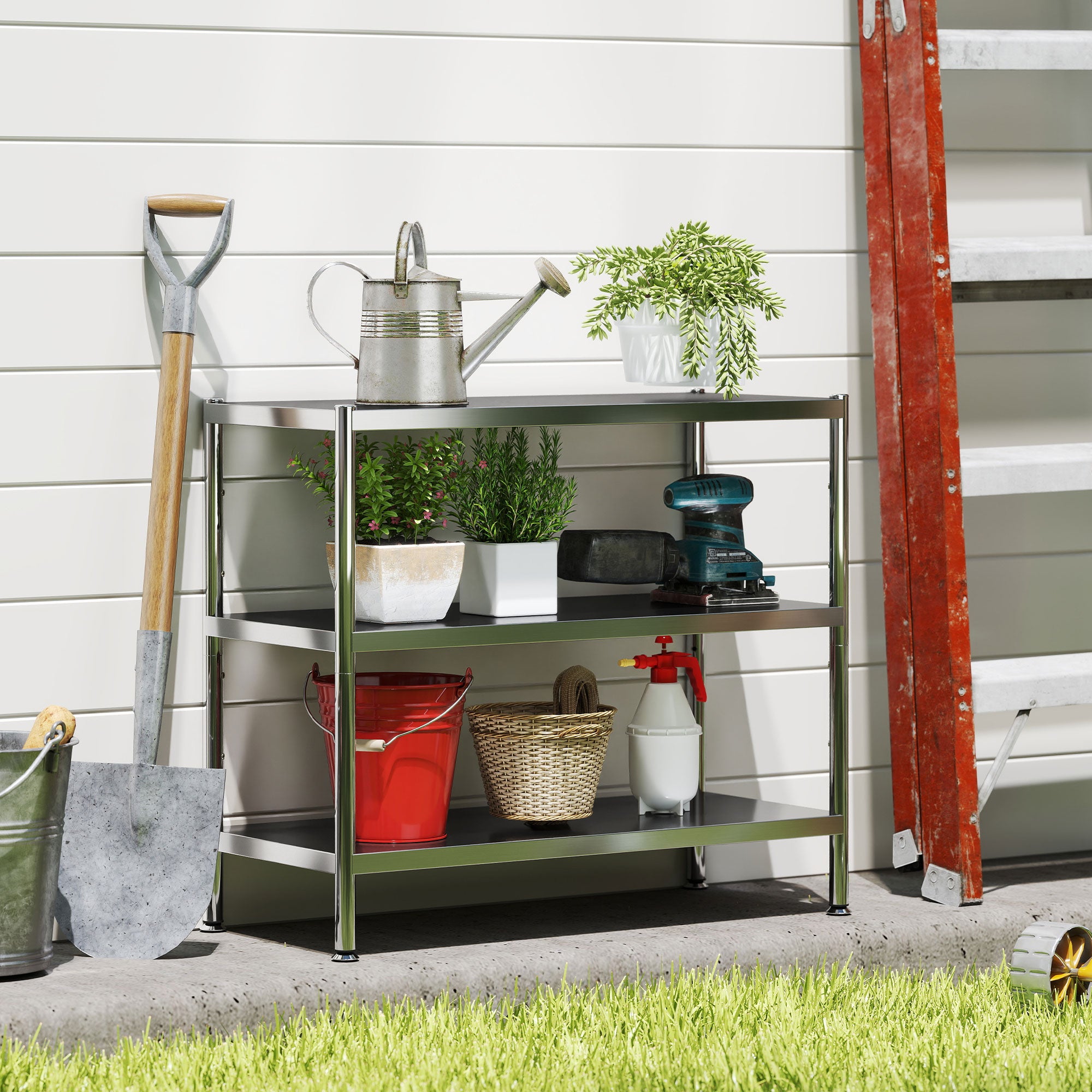 Fynco - 3-Tier Bakers Rack with Storage, Stainless Steel Microwave Stand with Adjustable Shelves for Small Spaces, Kitchen Storage Unit for Spices, Pots and Pans, Silver Tone