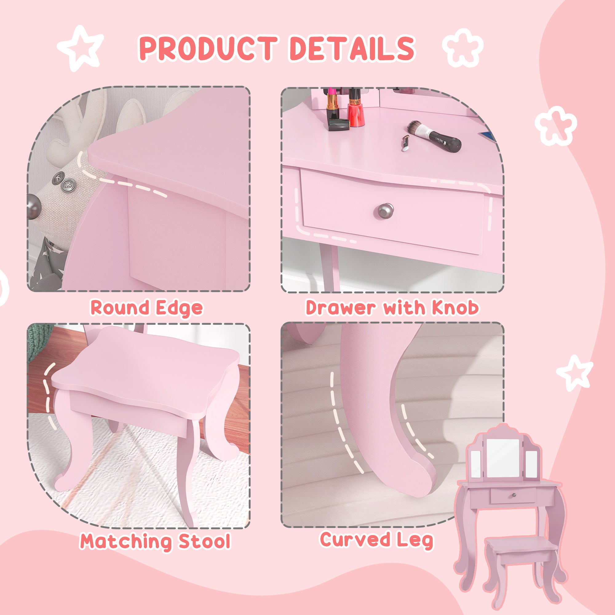 Fynco - Kids Vanity Table and Chair Set with Tri-Folding Mirror and Stool, Makeup Dressing Table with Drawer, Pink