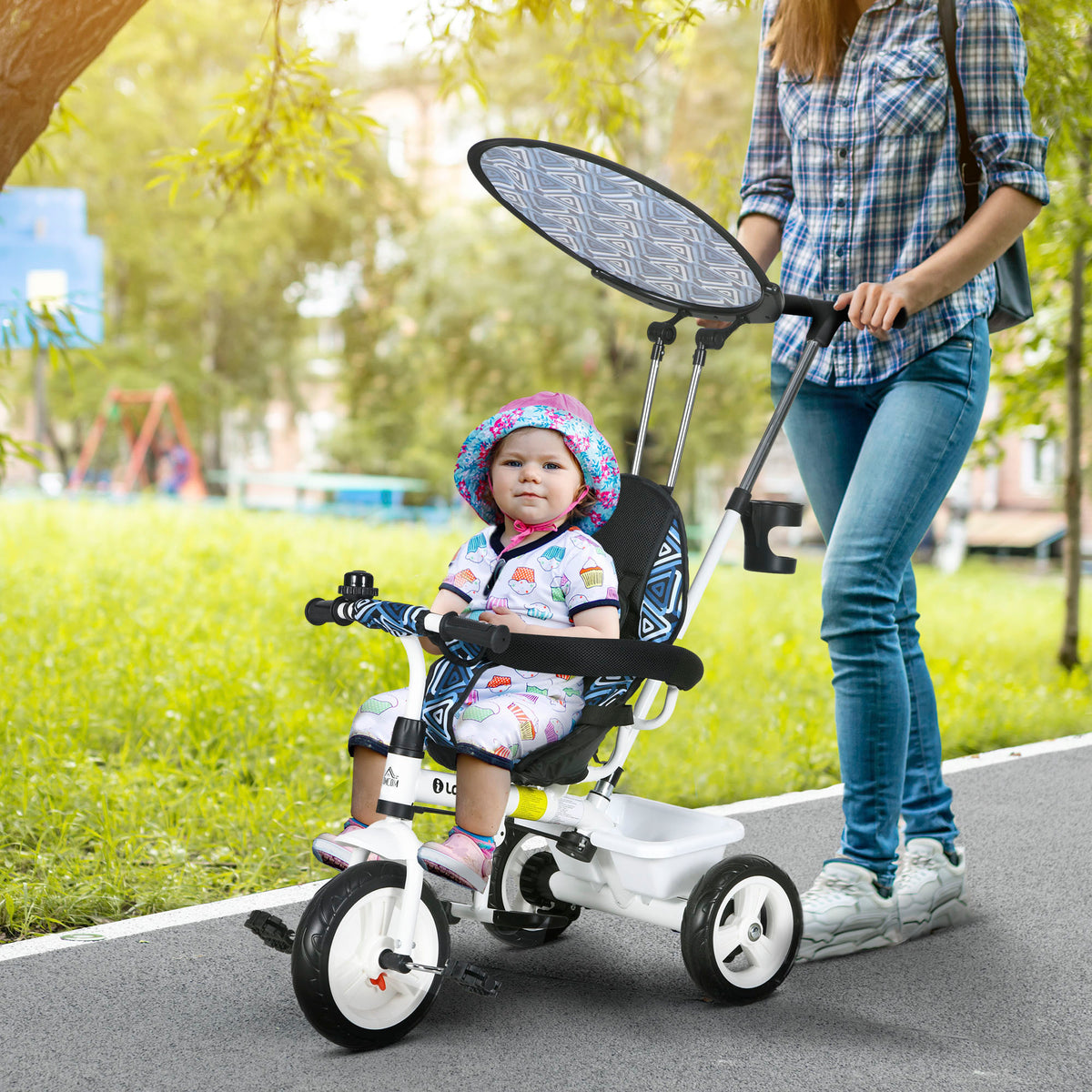6 in 1 Tricycle for Kids with 5-point harness straps, Removable Canopy, Blue