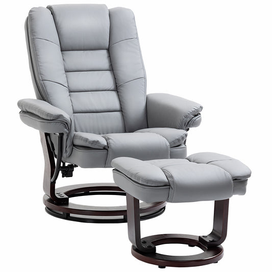 Recliner Chair With footstool, Recliner Armchair up to 130kg Weight Capacity, 135° Reclining Swivel Sofa Chair, PU Leather Ergonomic Couch Bed with Swivel Wood Base for Living Room, Grey