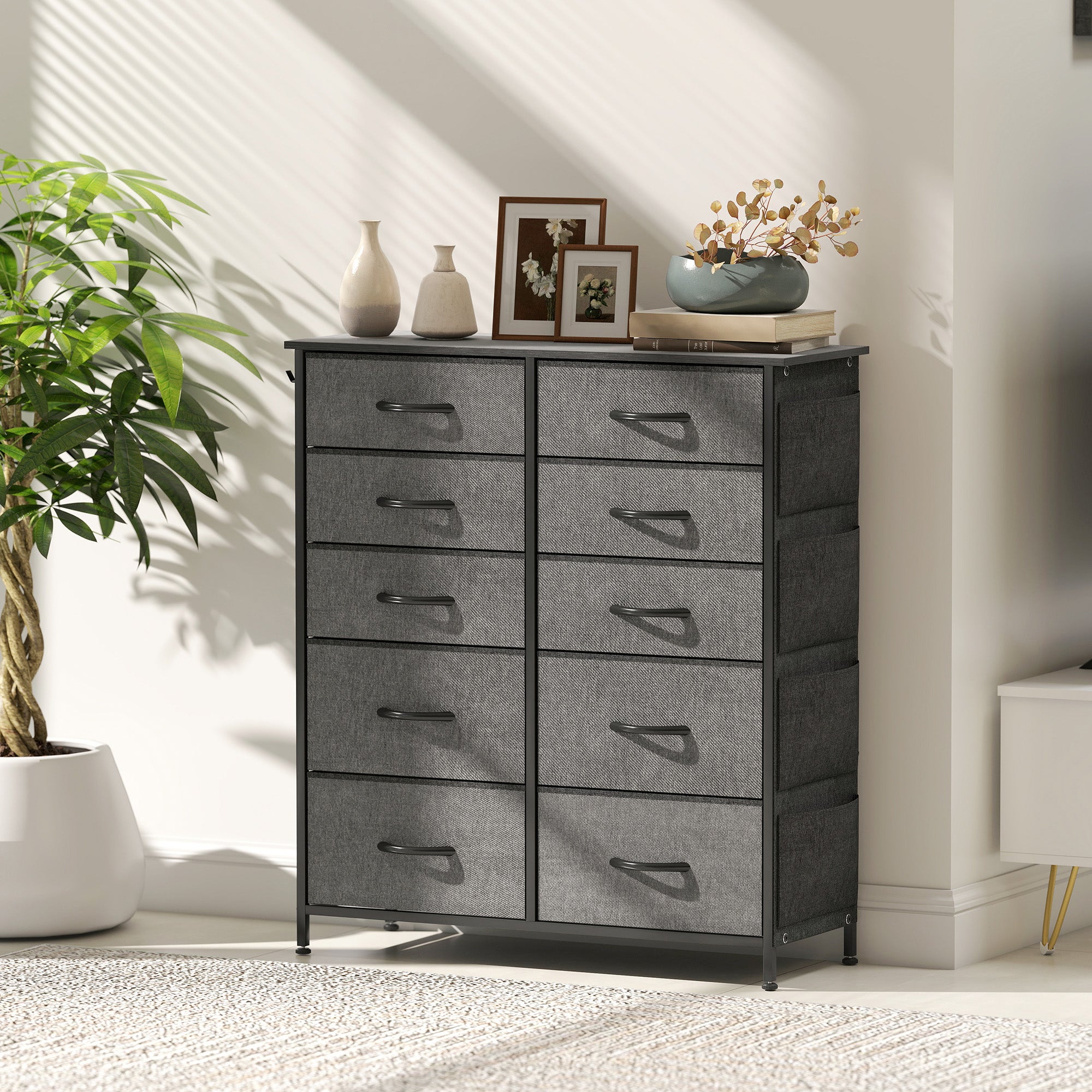 Chest of Ten Fabric Drawers - Charcoal Grey