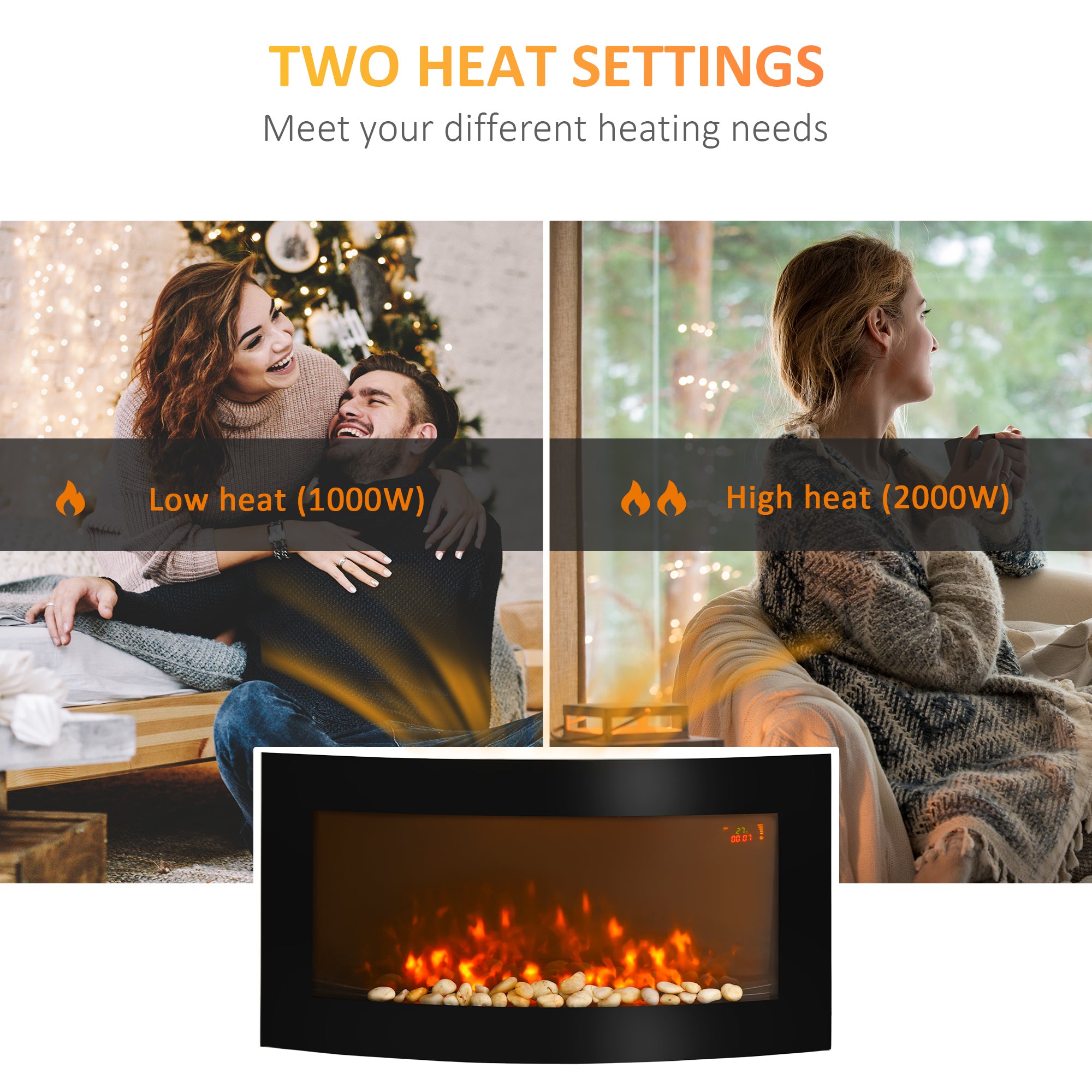 Fynco - Led Wall Mounted Fireplace Curved Glass Electric Fire Place Fire Place 7 Colour Side Lights Slimline, 1000/2000W, 89.2cm x 48cm