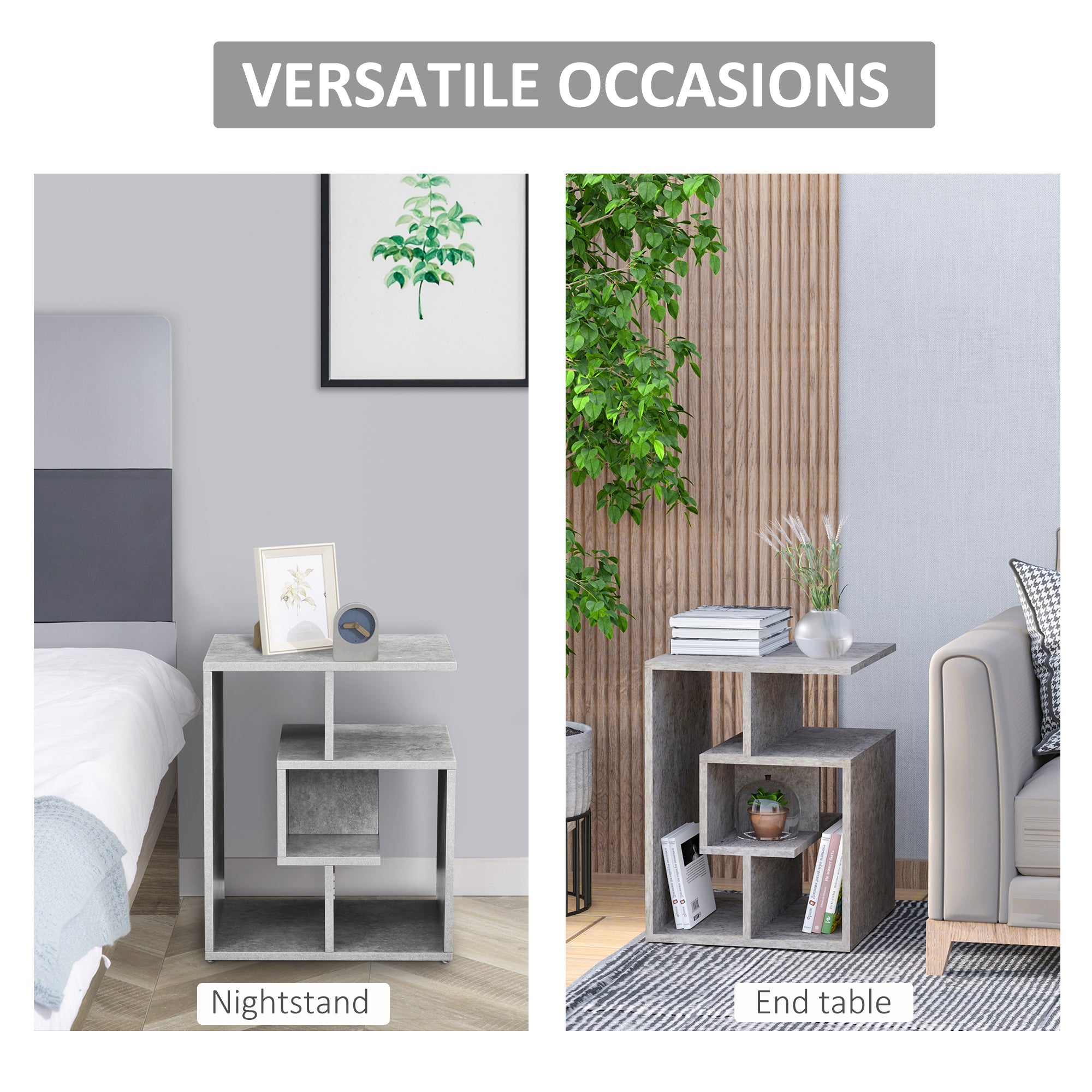 Side Table, 3 Tier End Table with Open Storage Shelves for Living Room, Bedroom, Set of 2, Cement Colour