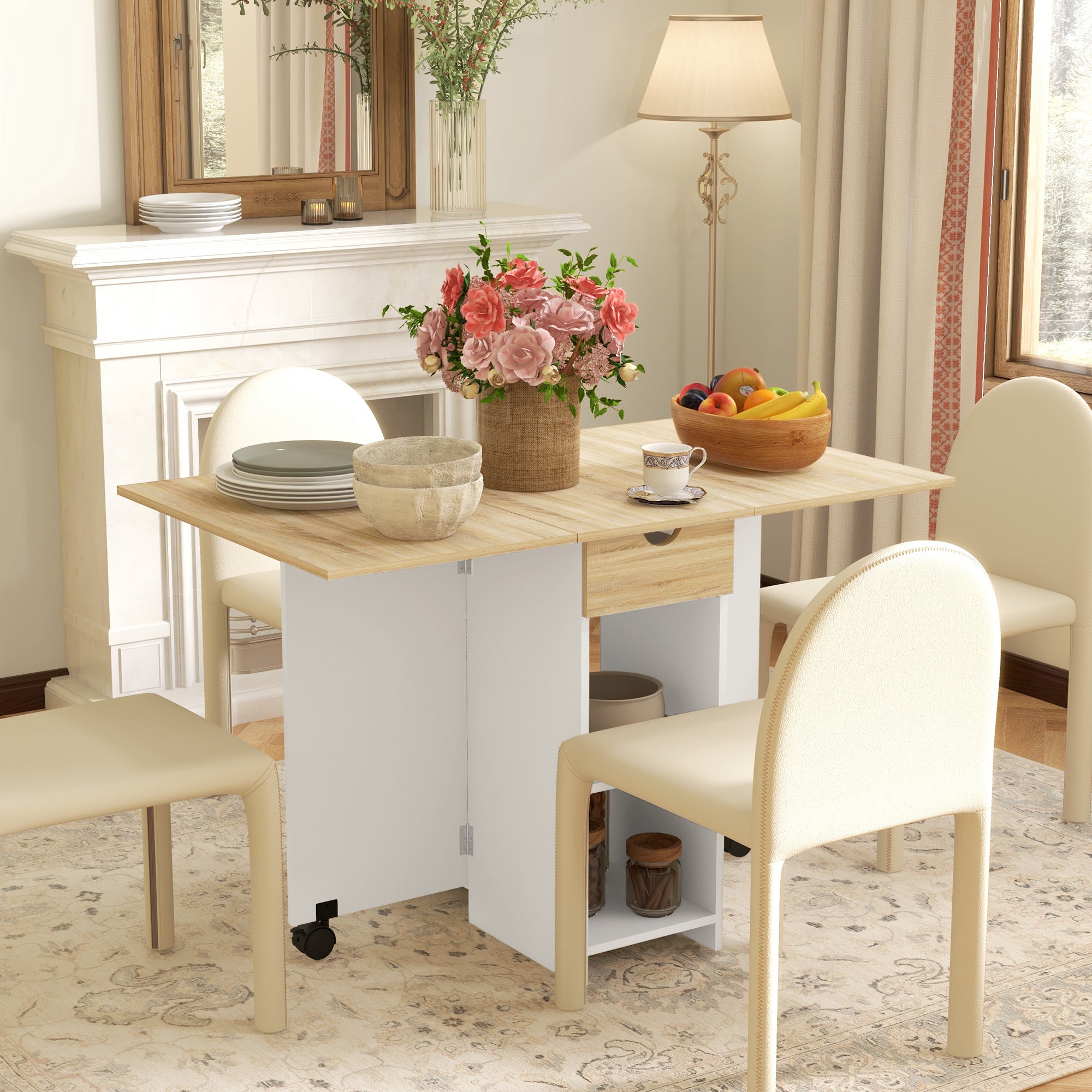 Folding Dining Table, Drop Leaf Table for Small Spaces, Foldable Table with Drawer and Storage Shelves for Kitchen, Dining Room, Oak
