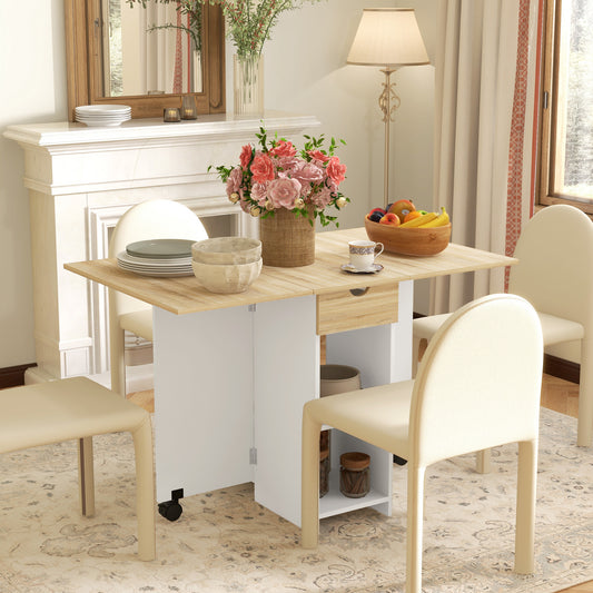 Folding Dining Table, Drop Leaf Table for Small Spaces, Foldable Table with Drawer and Storage Shelves for Kitchen, Dining Room, Oak