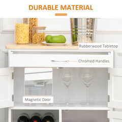 Modern Kitchen Trolley, Rolling Island Storage Cart with Drawer, 9-bottle Wine Rack, Door Cabinets, Wooden Countertop, White