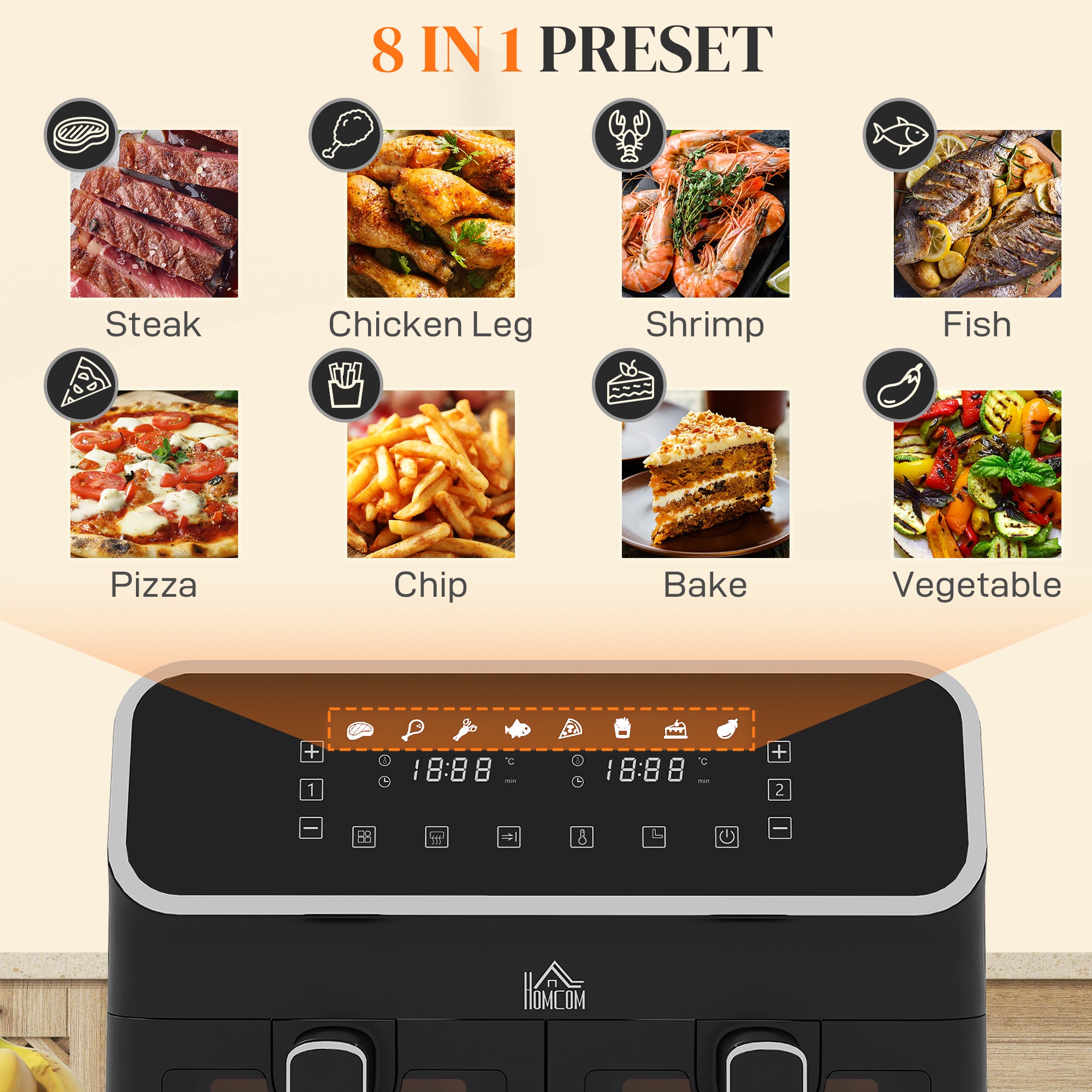 8L Dual Basket Air Fryer, 80-200℃, with Sync Function - Black/Silver