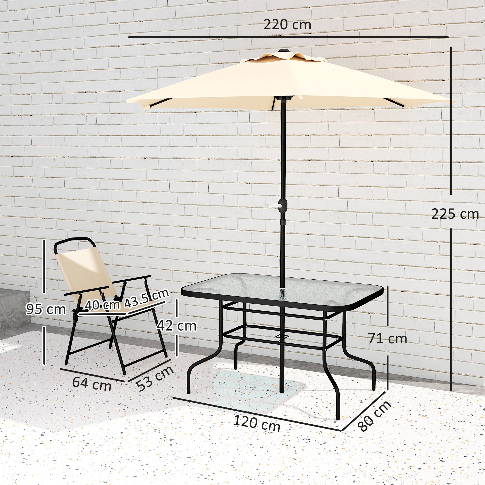 8 Pieces Garden Dining Set with Umbrella, Patio Sets with Parasol with 6 Foldable Chairs, Glass Top Table, and Sun Parasol, Beige