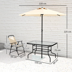 8 Pieces Garden Dining Set with Umbrella, Patio Sets with Parasol with 6 Foldable Chairs, Glass Top Table, and Sun Parasol, Beige