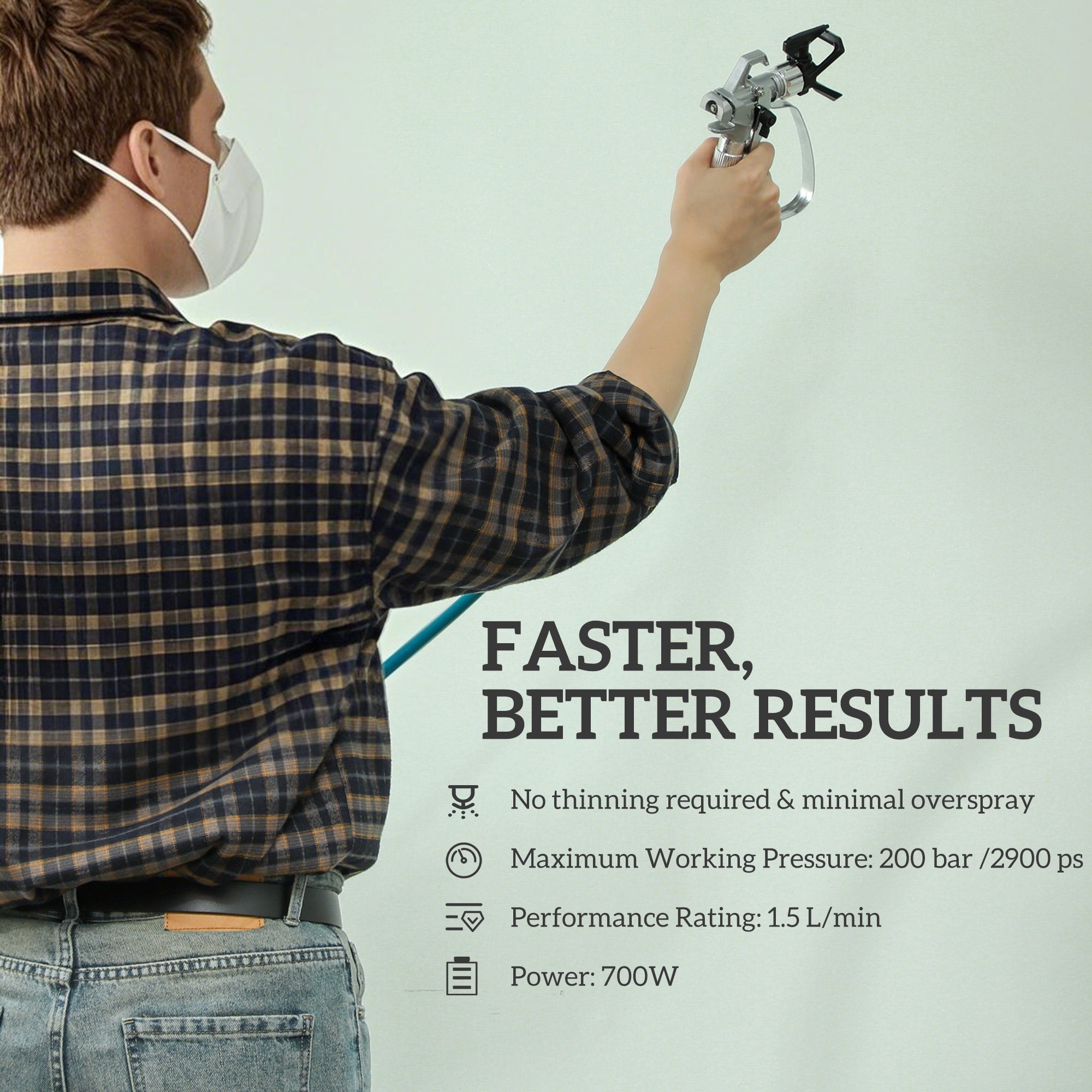 Fynco - Airless Paint Sprayer, Thinning-Free, Electric﻿ Fence Paint Sprayer for Exterior and Interior DIY Painting Projects, Wall Spray Gun Machine, Household Use, 1.5L/min, 200 Bar, 7.5 m Hose Blue