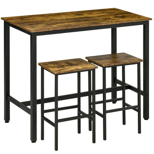 120x60cm Bar Table Set, Breakfast Table with 2 Stools, 3-Piece Counter Height Dining Table & Chairs for Kitchen, Living Room, Rustic Brown