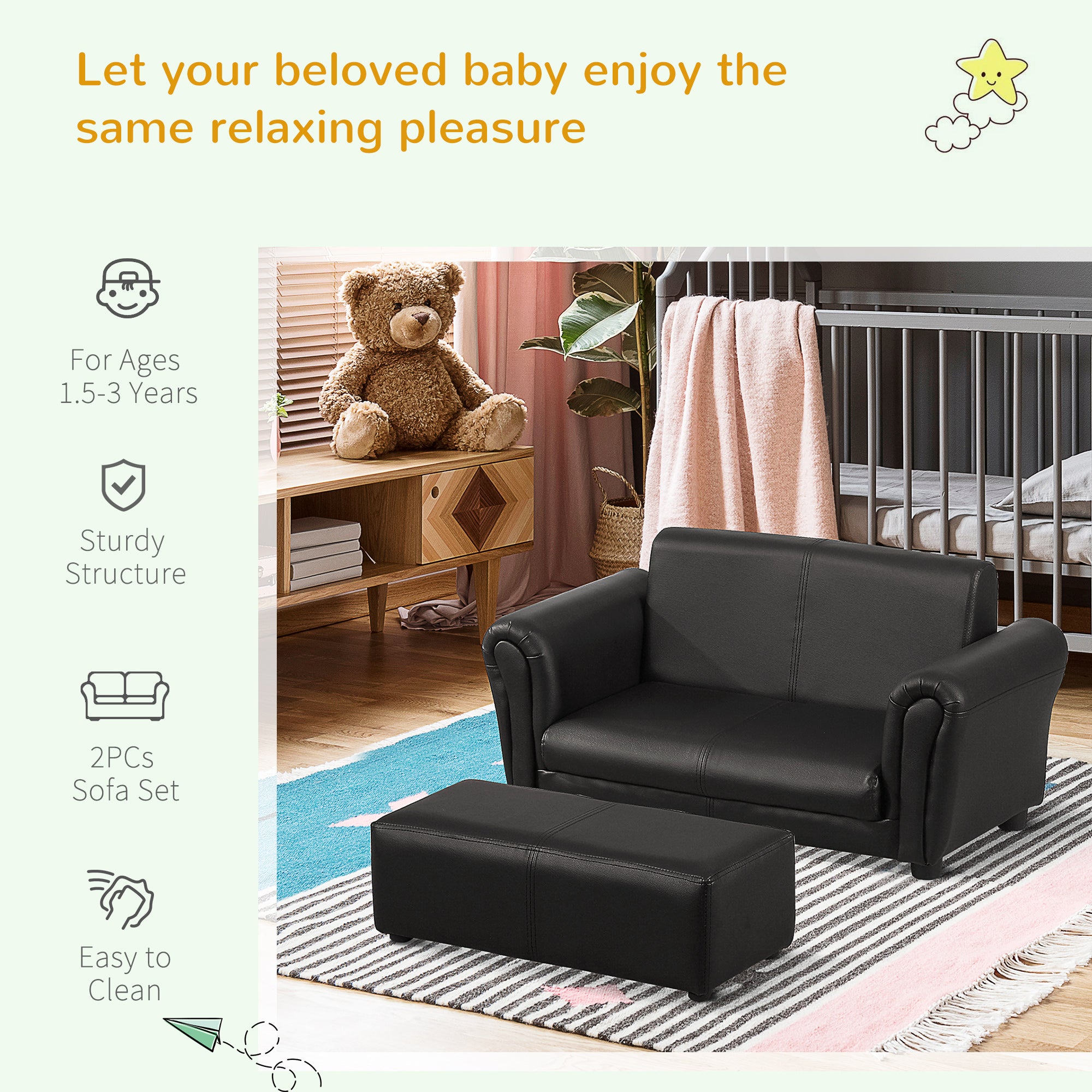 Kids Sofa Bed Kids Twin Sofa Toddler Chair 2 Seater Kids Twin Sofa Chair Boys Girls Couch w/ Footstool (Black)