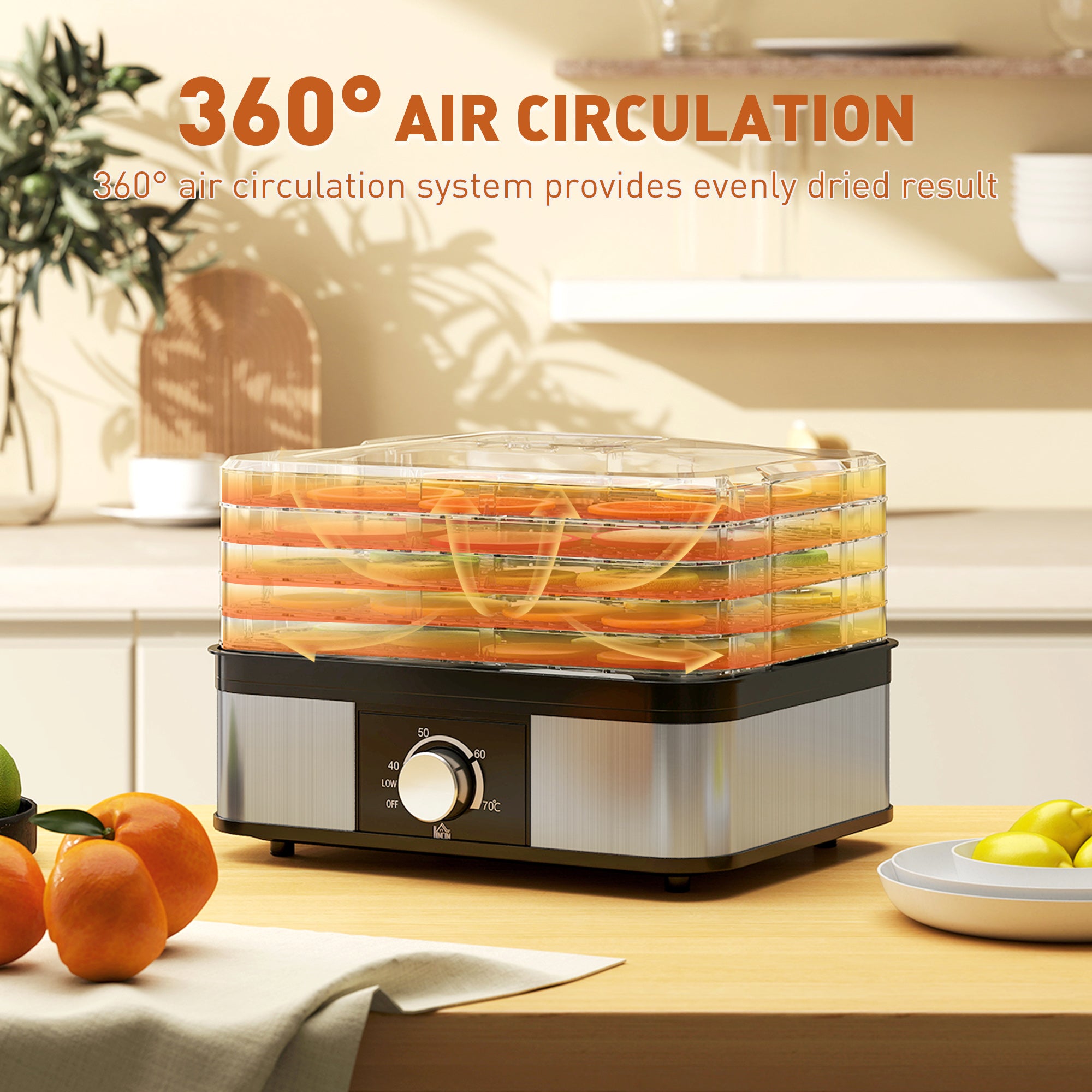 Fynco - 5 Tier Food Dehydrator, 245W Stainless Steel Food Dryer Machine with Adjustable Temperature for Drying Fruit, Meat, Vegetable, Jerky and Pet Treat, Black
