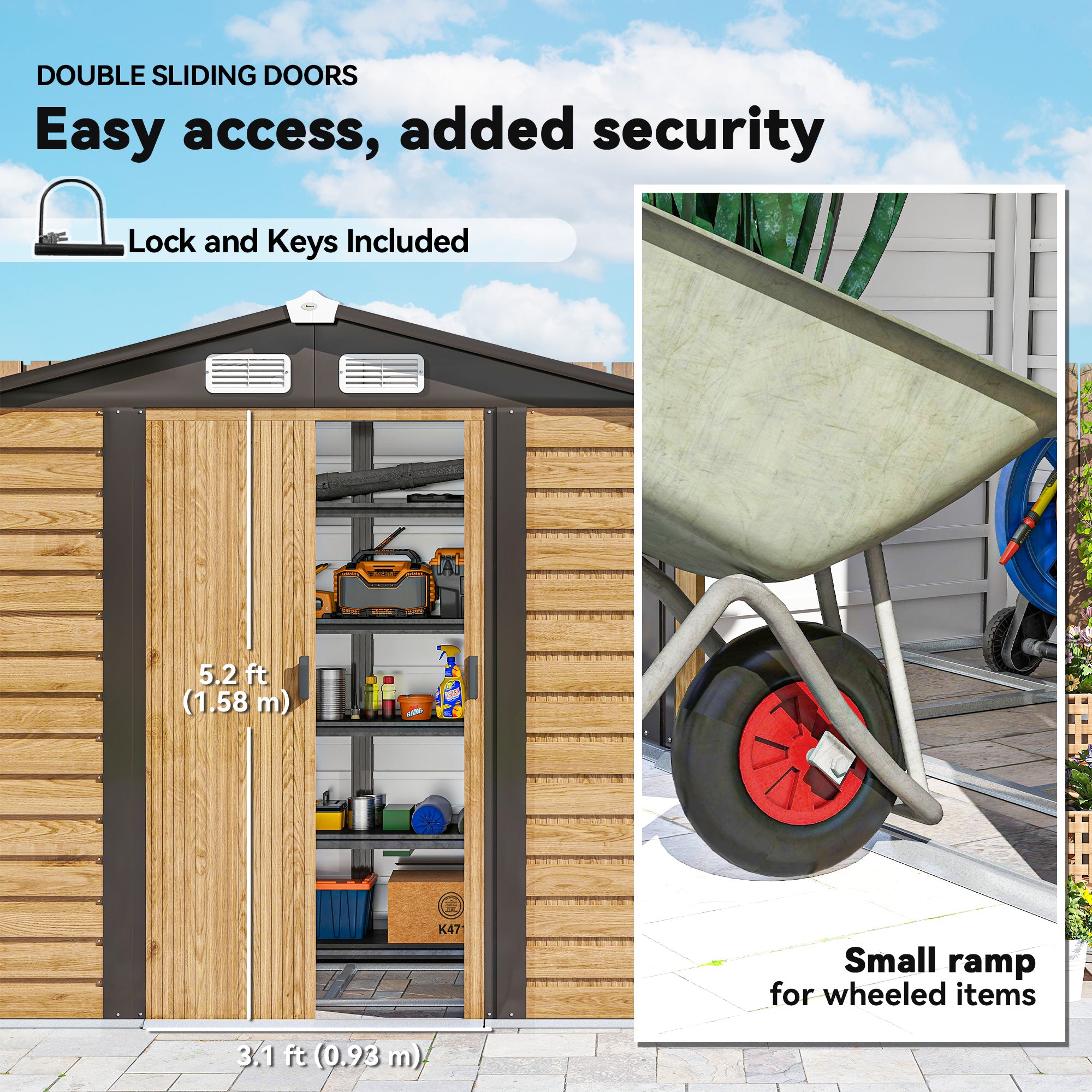 Fynco - 7 x 4ft Garden Shed, Easy to Assemble, Upgraded Galvanised Steel Frame with Foundation Kit, Double Doors with Lock, Outdoor Metal Shed with Vents and Gloves, Garden Storage Shed, Natural