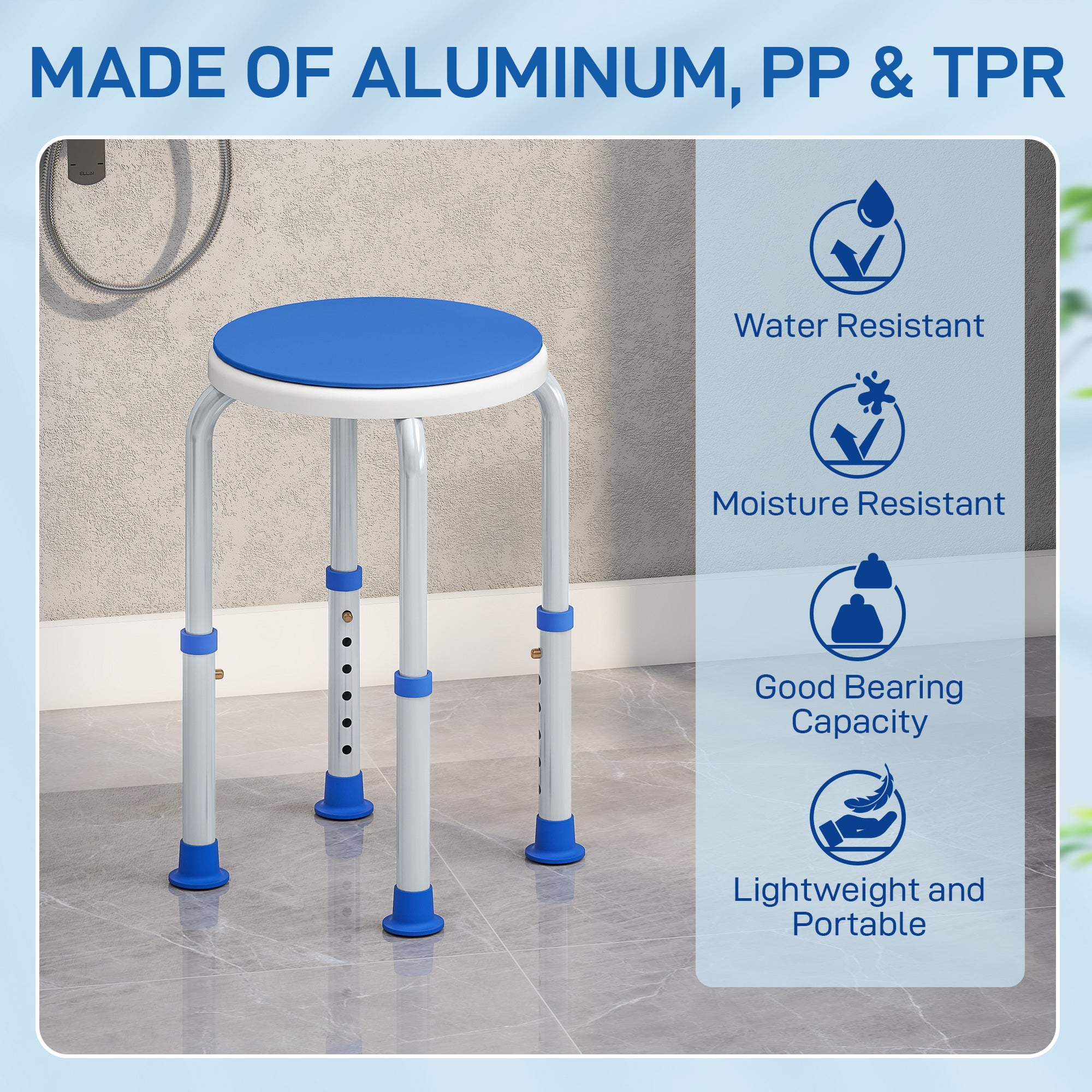 Fynco - 360° Swivel Shower Chair, Height Adjustable Aluminium Shower Stool with Non-Slip Feet for Disabled, Elderly, Blue