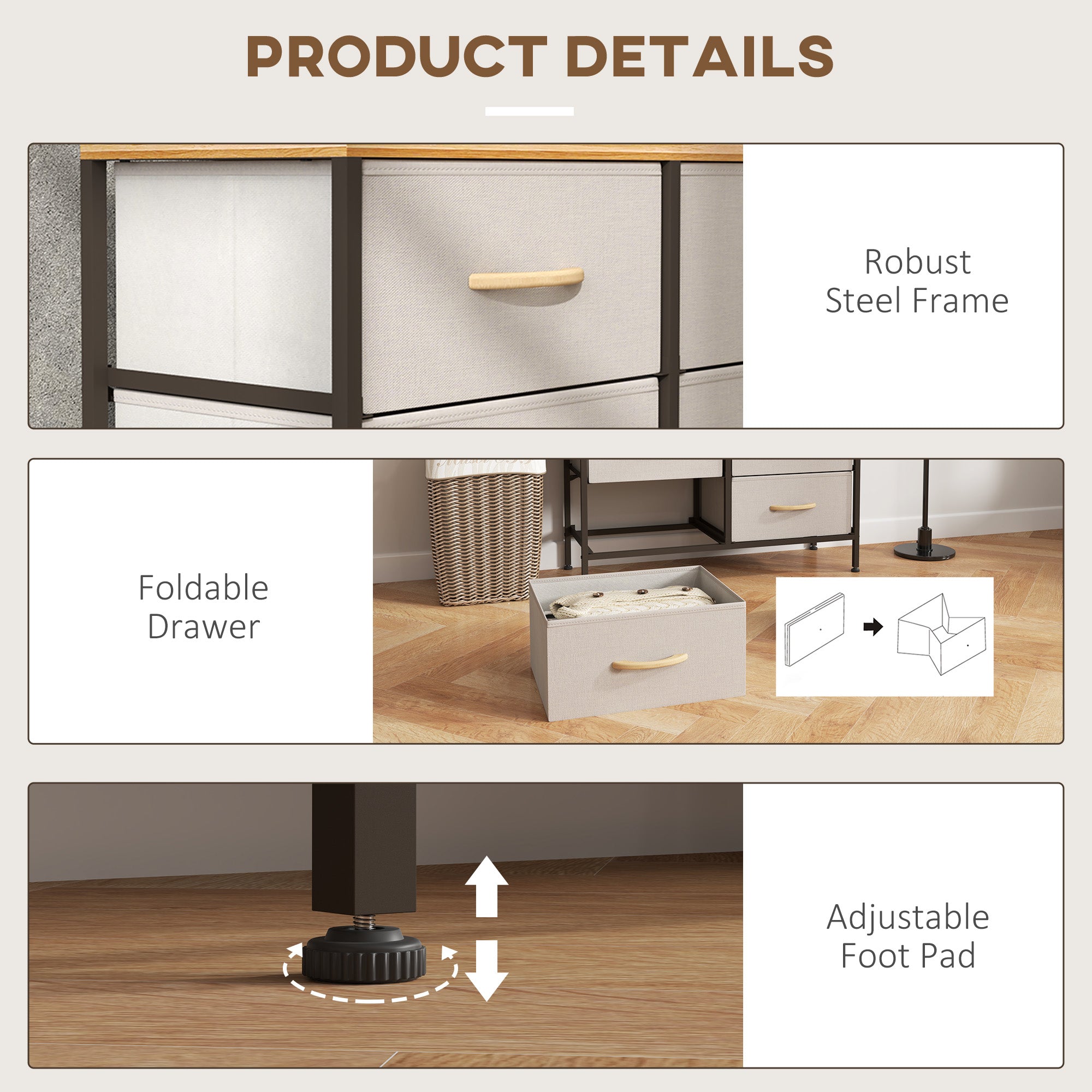 Fabric Chest of Drawers, Industrial Bedroom Dresser with 8 Fabric Drawers, Steel Frame and Wooden Top for Nursery, Living Room, Hallway, Cream White