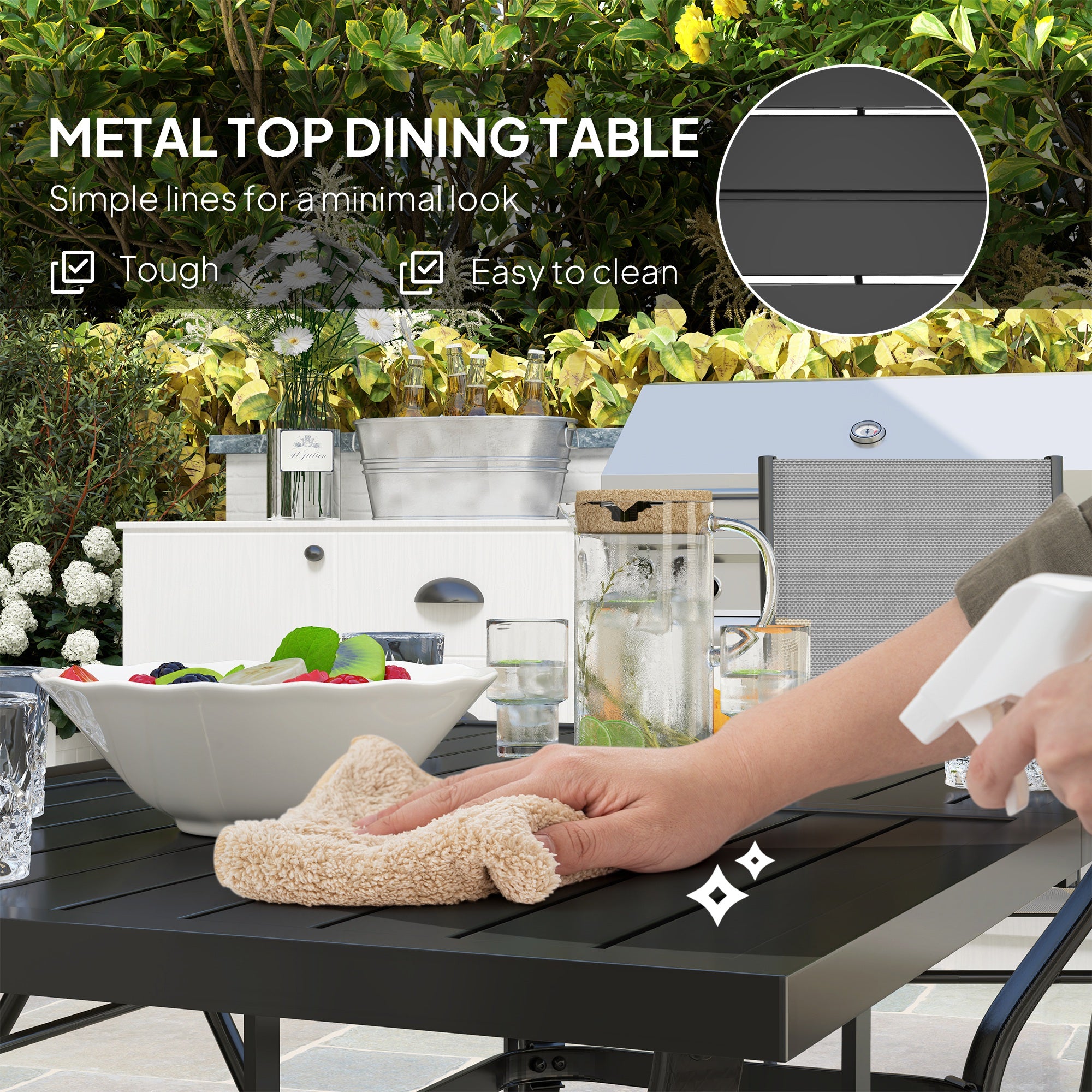 Seven-Piece Steel Outdoor Dining Set, with Parasol Hole - Grey