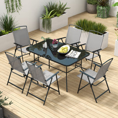 Seven-Piece Garden Dining Set, with Glass-Top Table and Folding Chairs - Grey