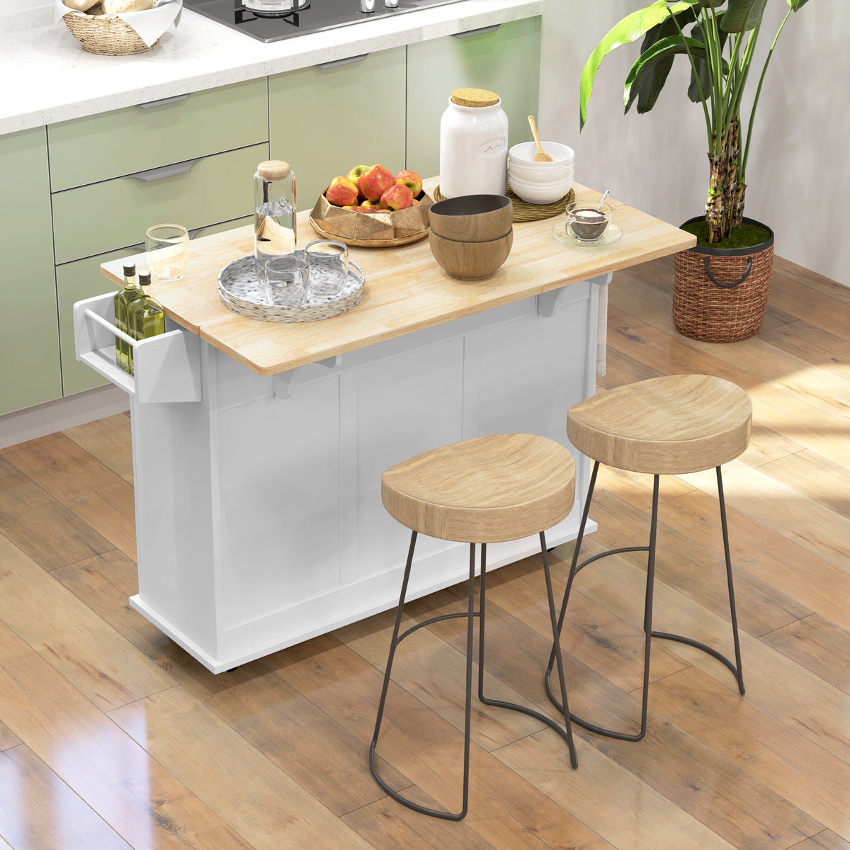 Kitchen Island with Drop Leaf, Rolling Kitchen Storage Trolley on Wheels with 3 Drawers, Spice Rack and Towel Rack, Storage Cart with Rubber Wood Top, White