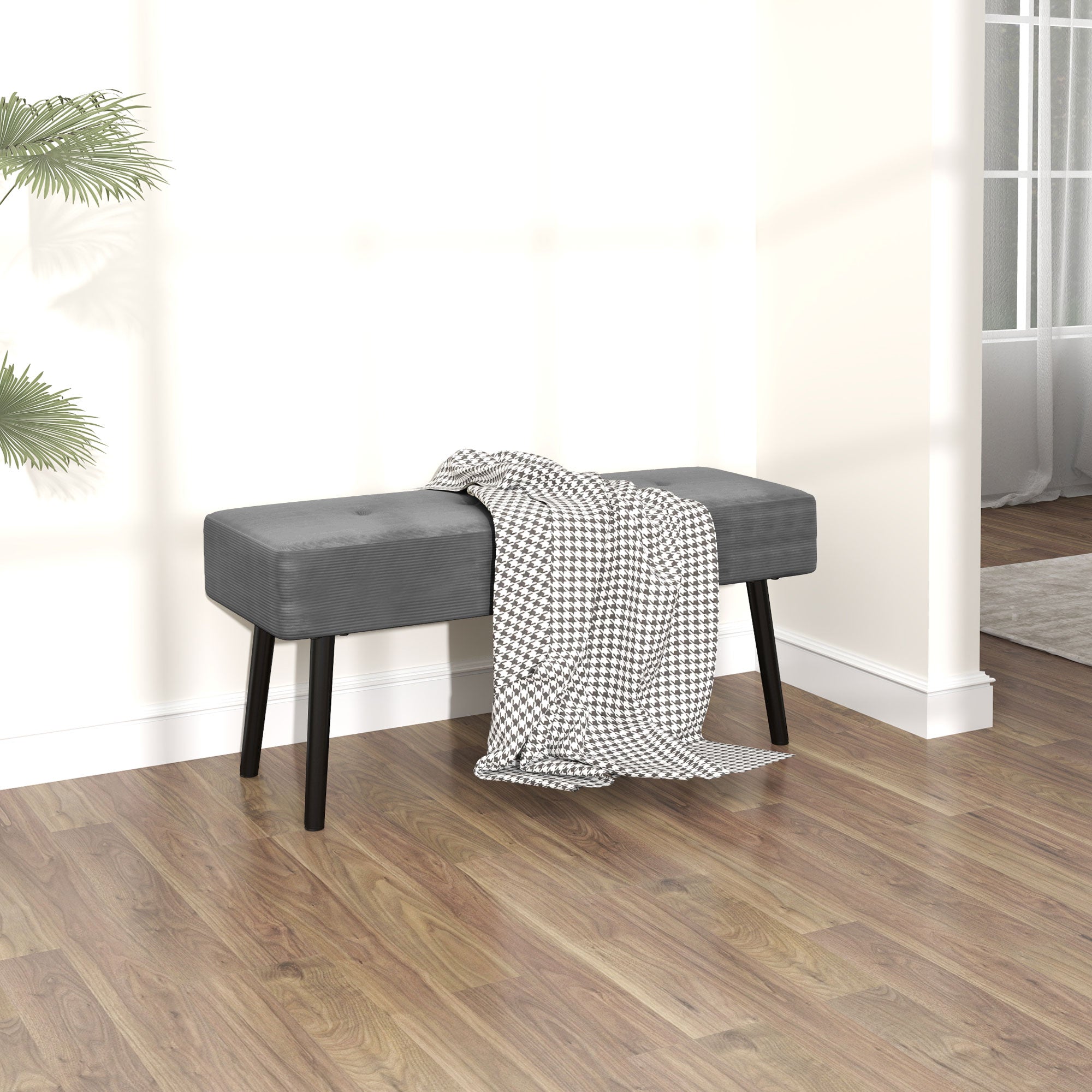 End of Bed Bench, Corduroy Bedroom Bench with Thick Padding and Steel Legs, Tufted Window Seat for Entryway, Living Room, Grey