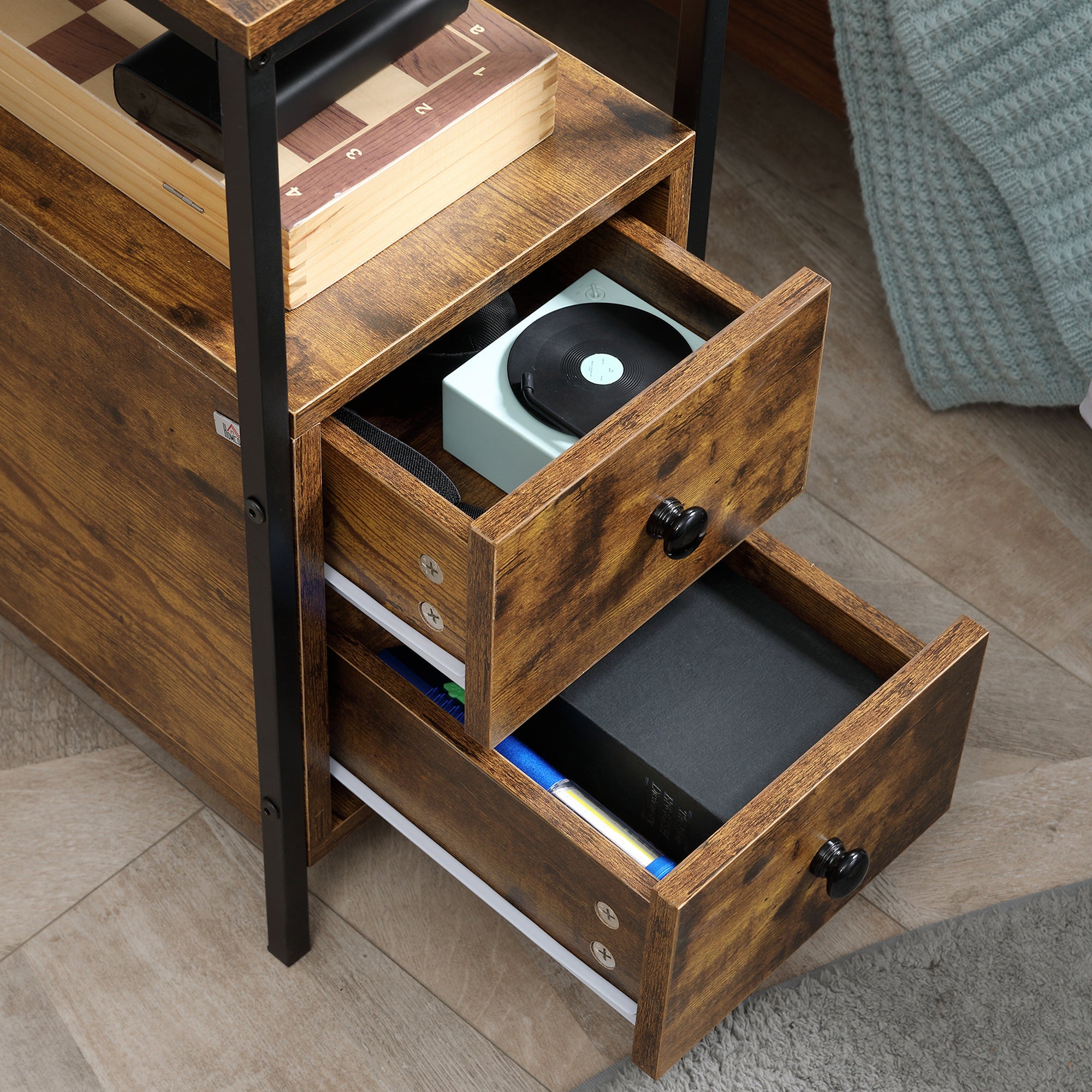 Set of 2 Side Table, Narrow Bedside Table with 2 Drawers and Storage Shelf, Industrial End Table with Metal Frame for Small Spaces, Rustic Brown