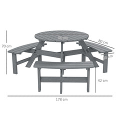 6 Seater Wooden Picnic Table and Garden Benches Set, Round Garden Dining Set with 3 Benches and Umbrella Hole Outdoor Garden Park, Grey