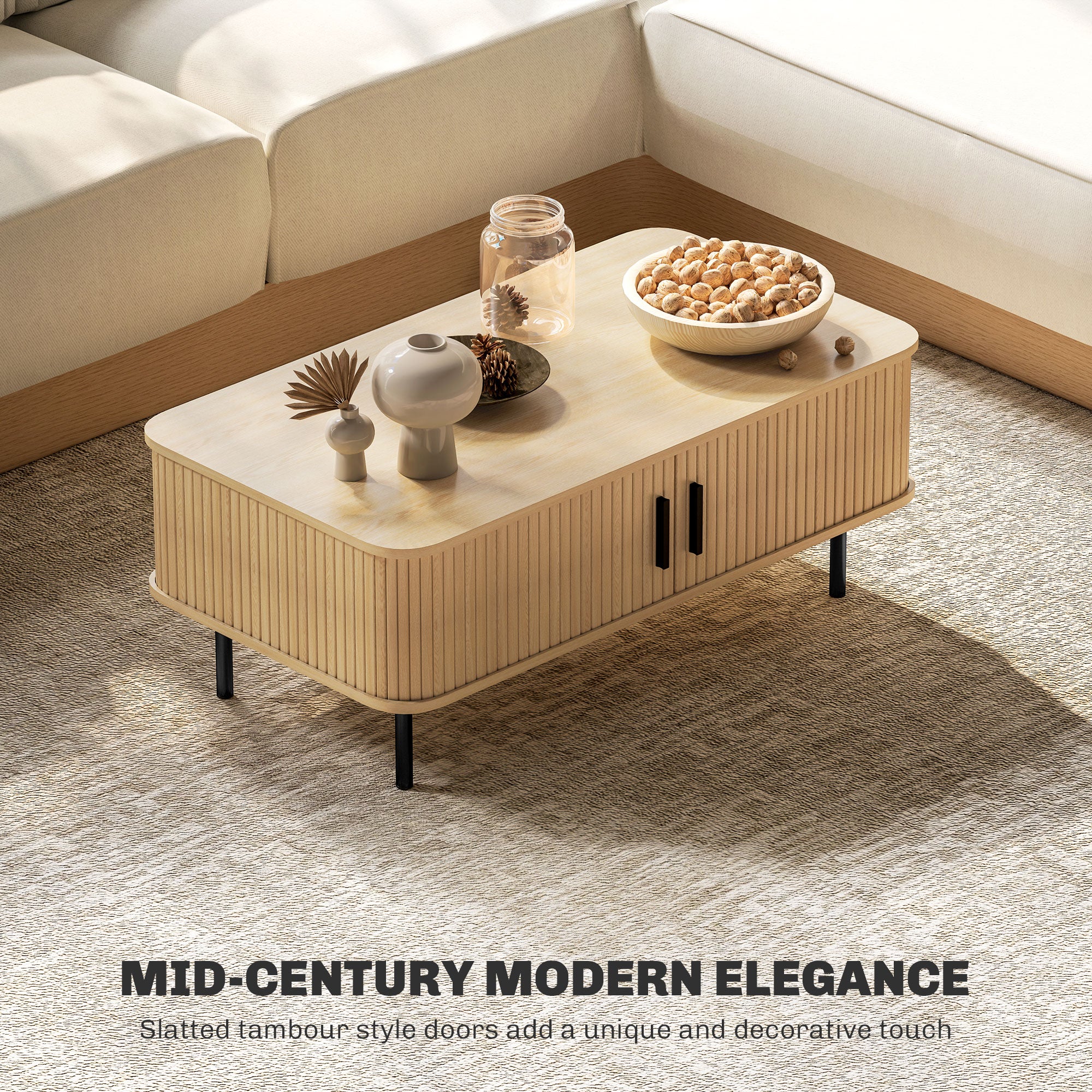 Coffee Table with Storage, Living Room Table with Slatted Tambour Sliding Doors and Foot Pads, Rectangular Coffee Table with Elevated Base for Living Room, Oak